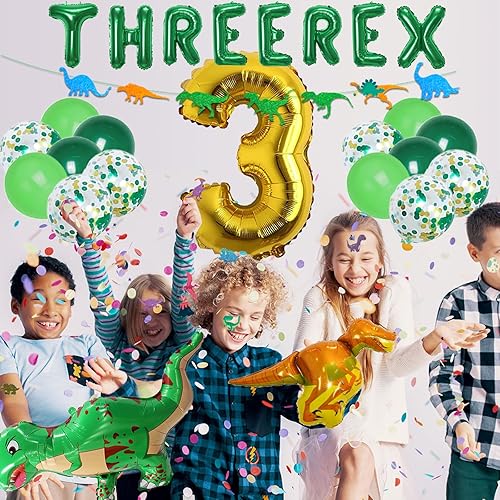 Miniatura 6 de Tres decoraciones de fiesta de cumpleaños Rex para niños, dinosaurios 3er cumpleaños suministros incluyen pancarta, mantel, cortinas con flecos,