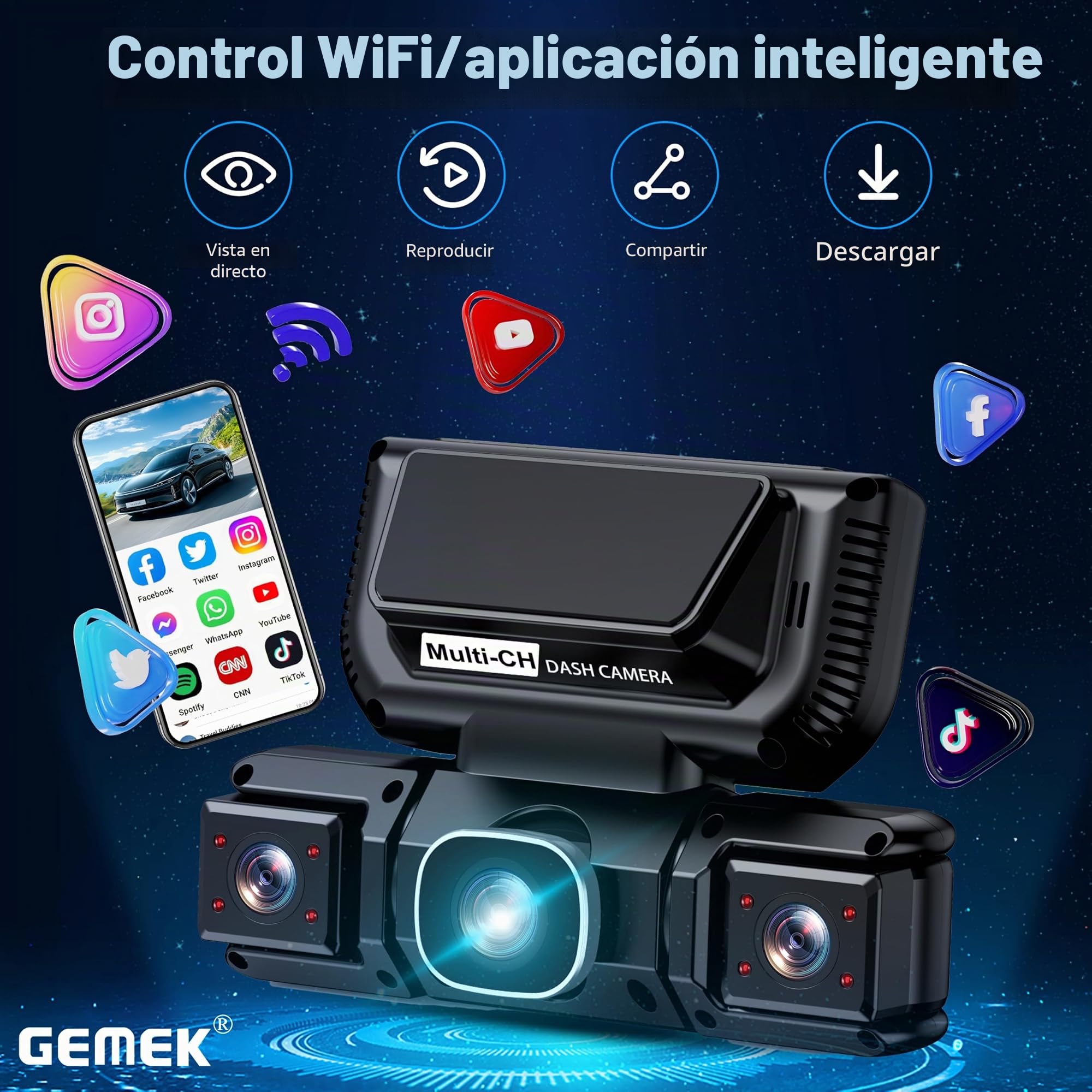 Cámara para salpicadero de 360 Grados y 4 Canales, con WiFi 5G y Control Mediante aplicación, GEMEK 2K: Vista Delantera, Trasera e Interior, Izquierda y Derecha; Tarjeta TF de 64 GB incluida