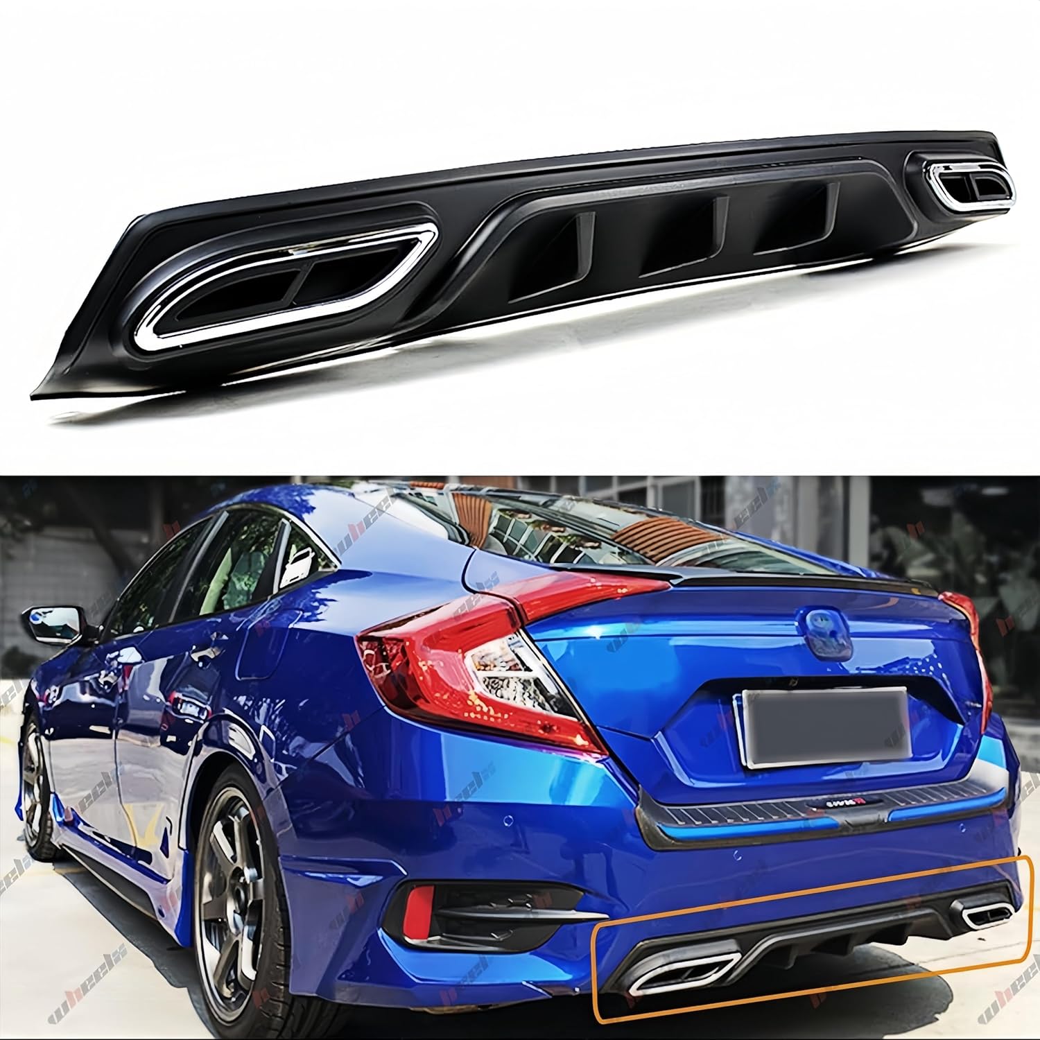 Rear Diffuser Compatible with 2016-2018 Honda Civic, Shark Fin Style JDM Rear Bumper Protection Part Body Fit 4 Door Sedan (Matte Black)