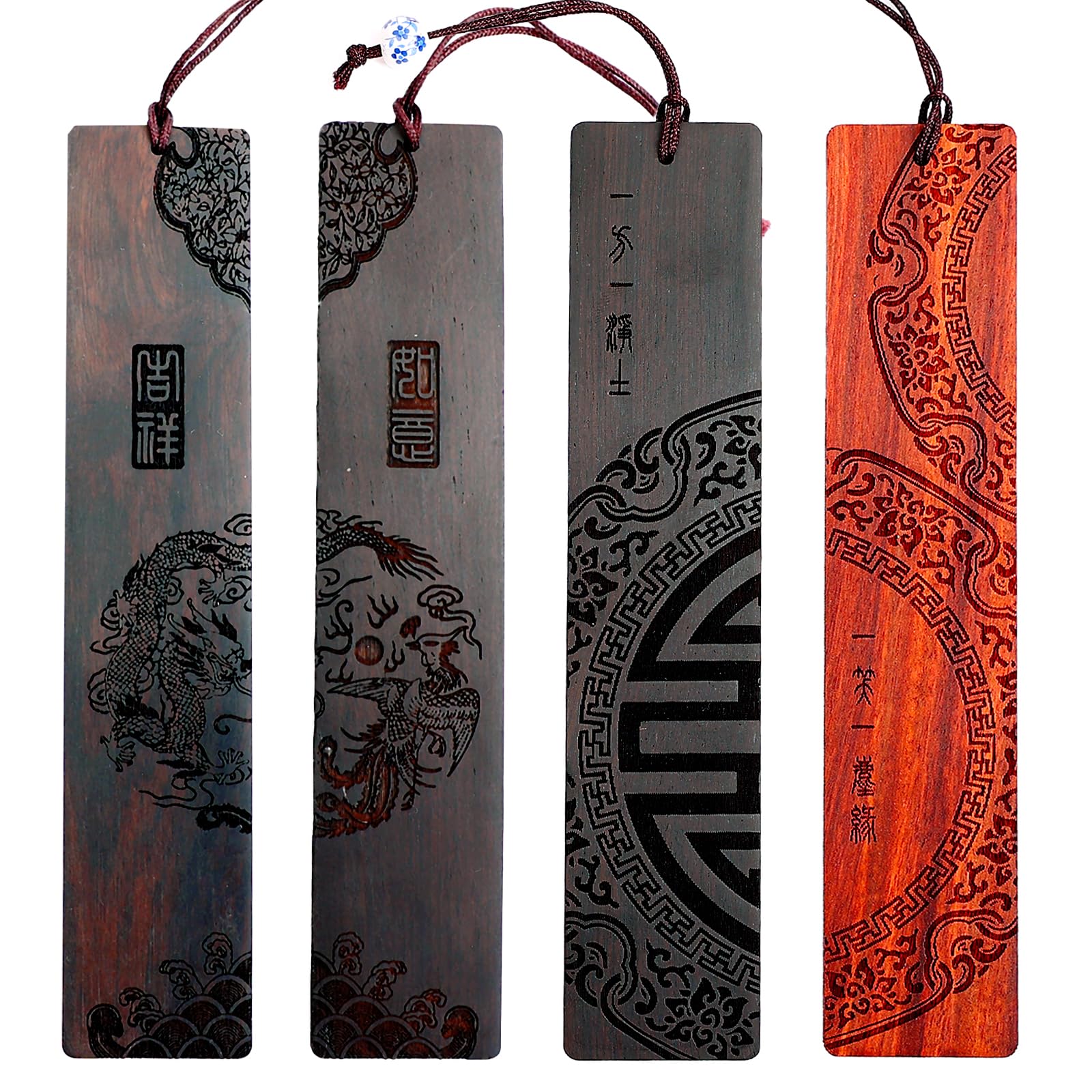 Toirxarn Wooden Bookmarks with Chinese Dragon & Phoenix Design – Hand-Carved Traditional Art Nice Gift for Book Lovers Teachers – Ideal for Birthdays Anniversaries and Special Occasions (4-Pack)