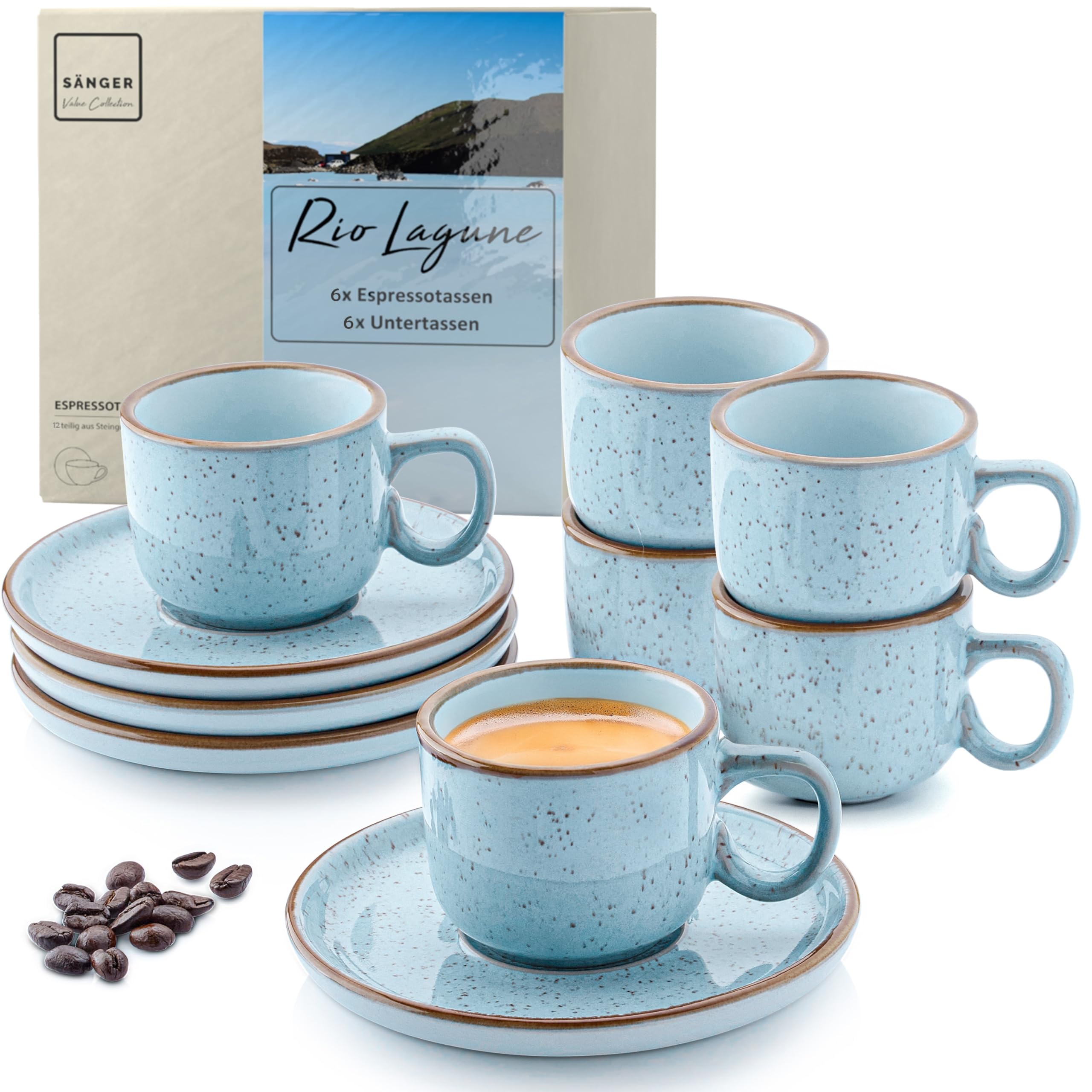 SÄNGER Rio Lagune | Espressotassen Set 12 teilig, Tassen Set 6 Personen, Espresso- & Mokkatassen, kratz- spülmaschinen- mikrowellenfest, 6xTassen & 6xUntertassen blau 80 ml | VALUE COLLECTION
