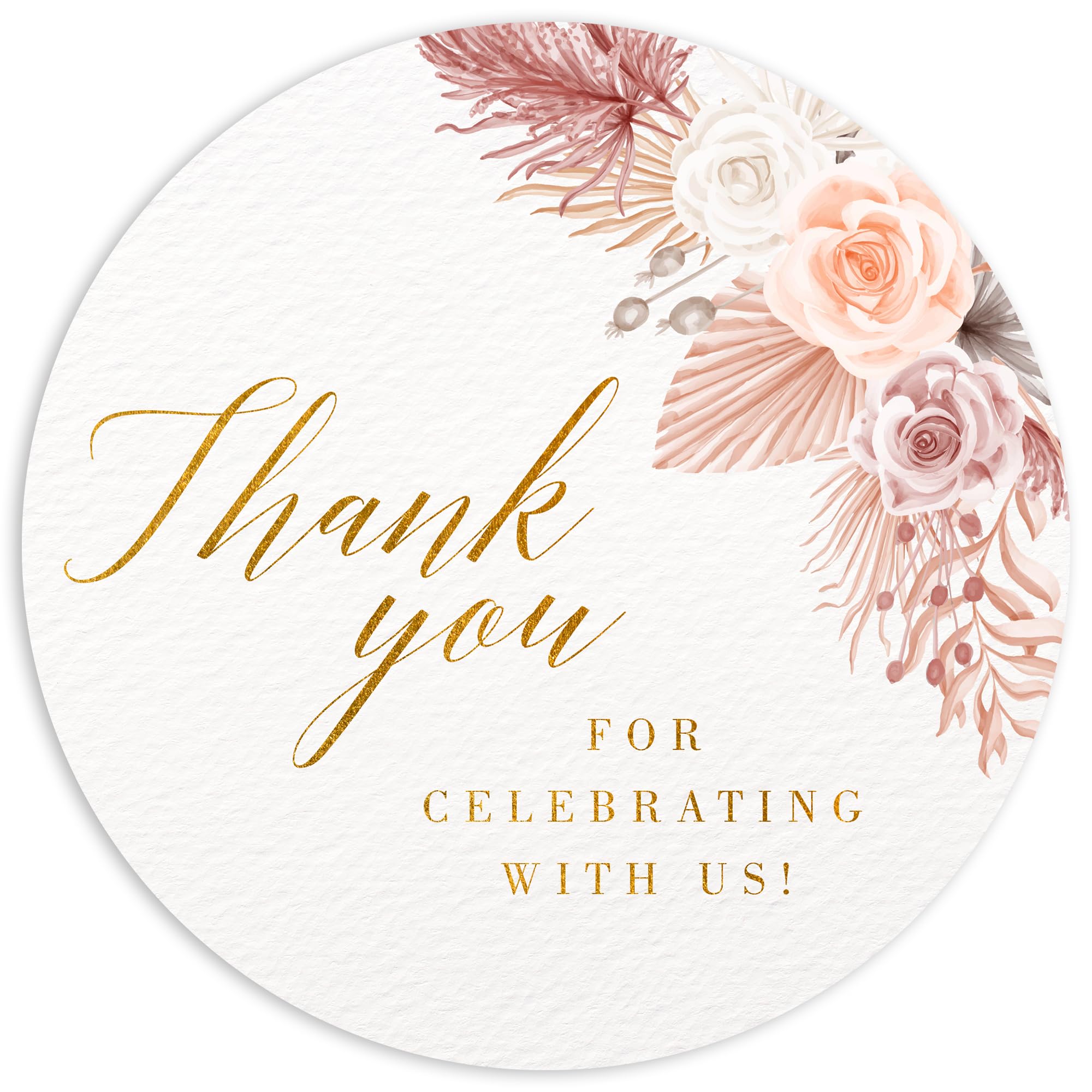 Mobiusea Creation Boho Beige Floral Wedding Thank You Labels Thank You for Celebrating with Us Stickers | 2 inch | Gold Foil | 60pcs Waterproof Favor