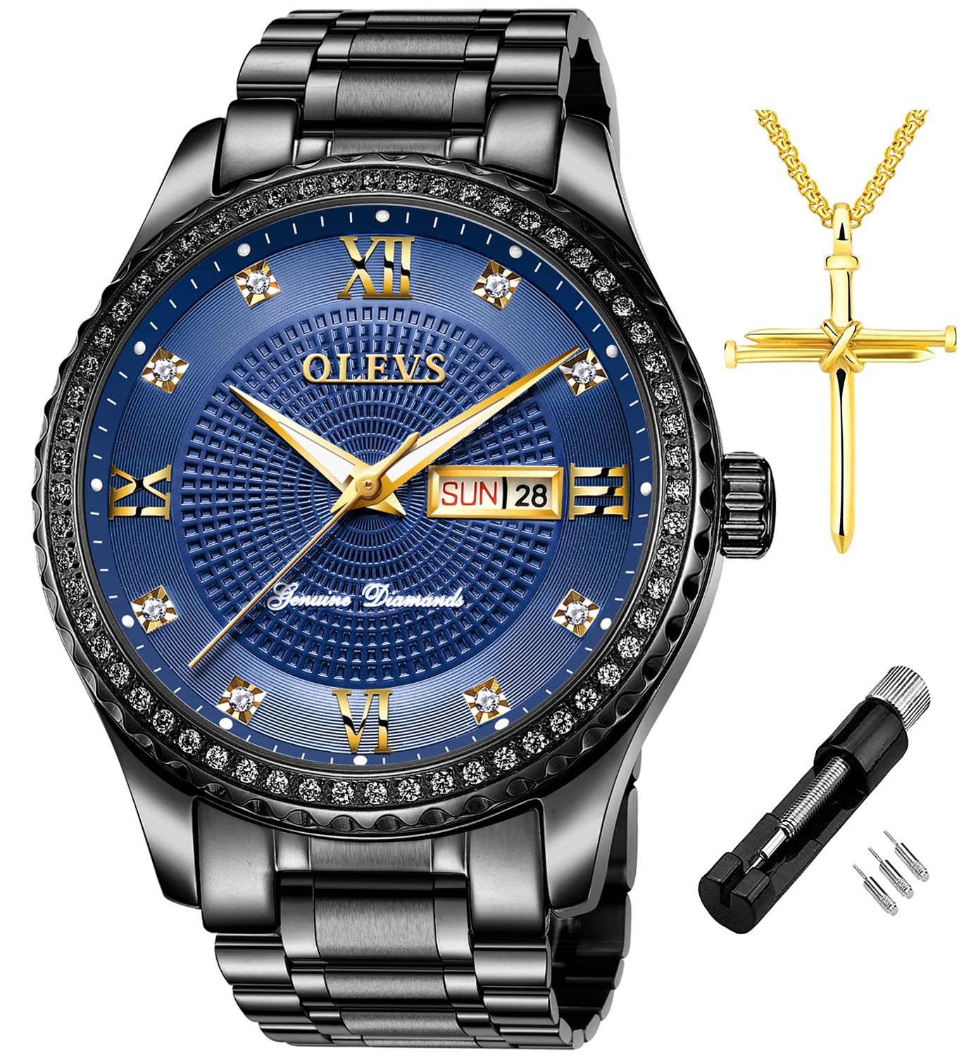 OLEVSDiamond Watches for Men,Business Dress Watch Waterproof Luminous,Male Golden Big Dial Luxury Casual Quartz Analog Watches with Day Date Calendar and Stainless Steel Band