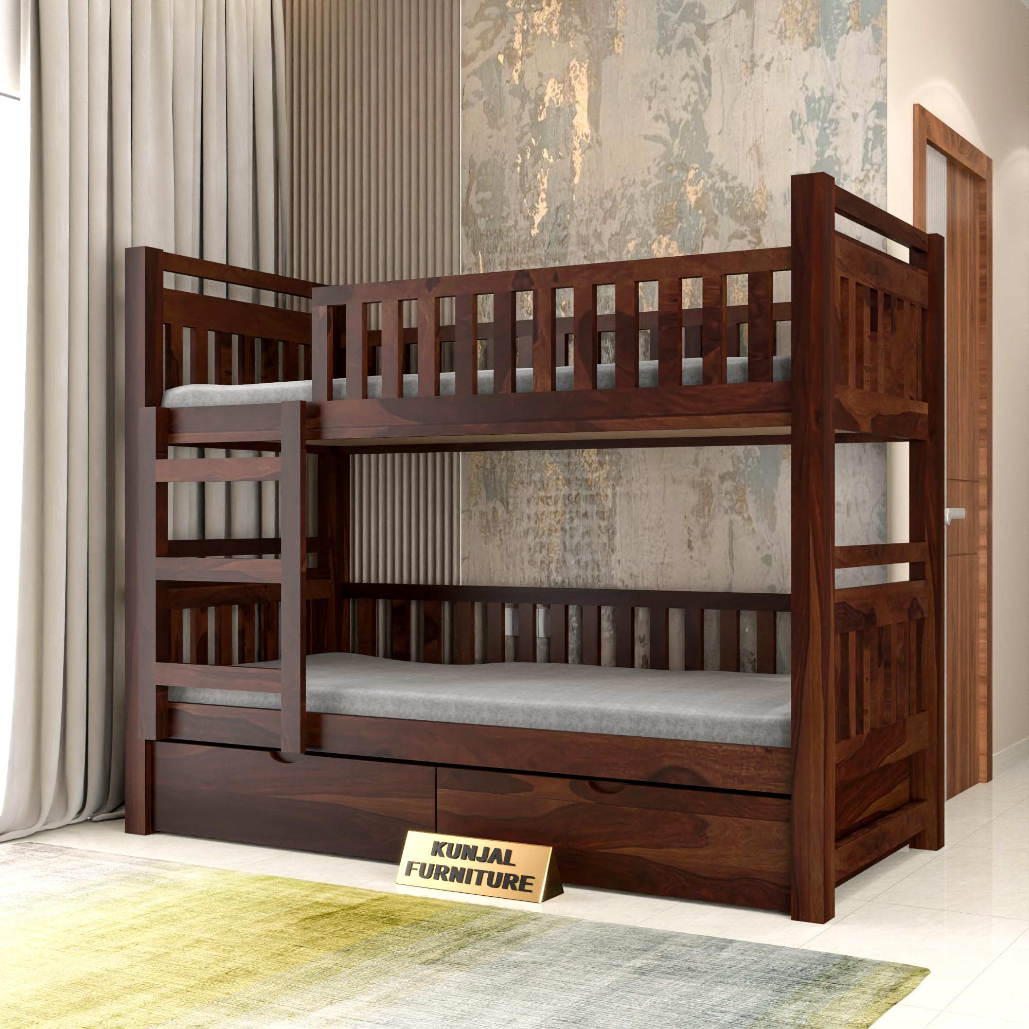 Kunjal Furniture Premium Solid Sheesham Wood Double Bunk Bed with 2-Drawer Storage – Kids Bed with Ladder and Guardrails (Natural Finish) (Walnut, Single with Drawer Storge)-image-19
