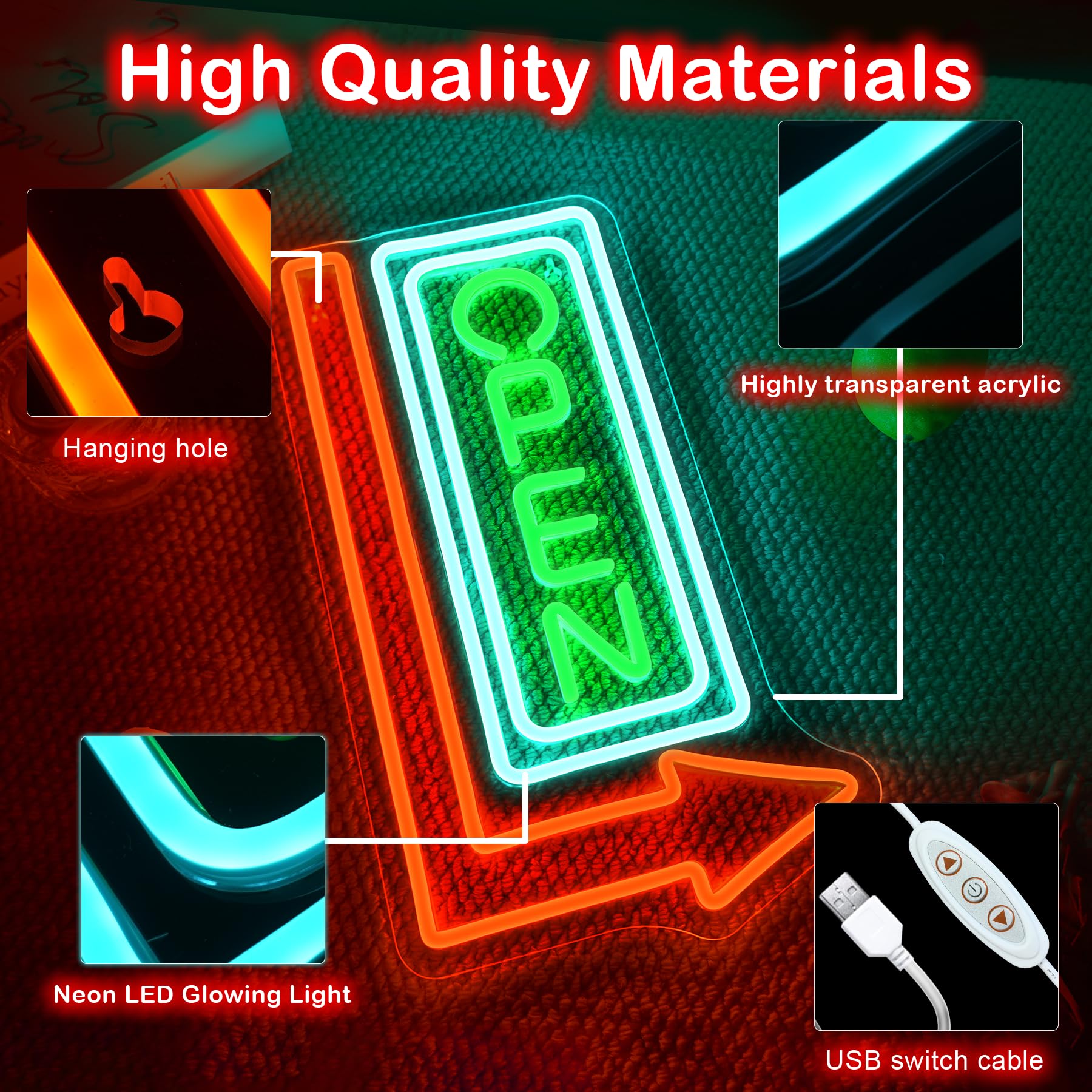 VYXIN OPEN Neon Light Sign Arrow Neon Signs for Wall Ultra Bright Led Sign USB Dimmable for Stores Bars, Restaurant, Shop, Wall Decor - Image 4