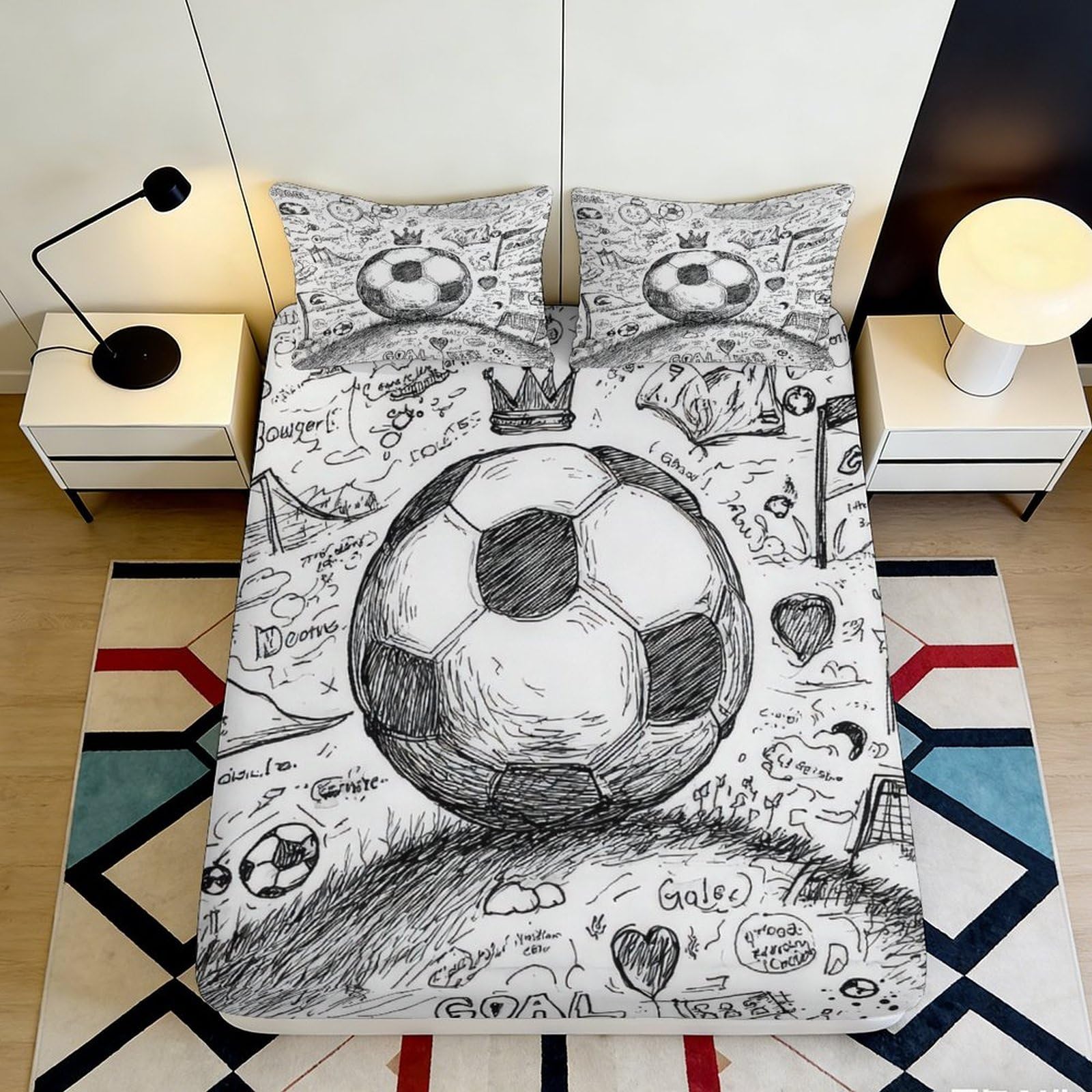 Pnayamiorkfel Style-2 3D Printed Football Graffiti Fitted Sheet Microfiber Anti-Slip Soccer Sketch Bed Cover For Bedroom Dorm Decor 90X200x25cm