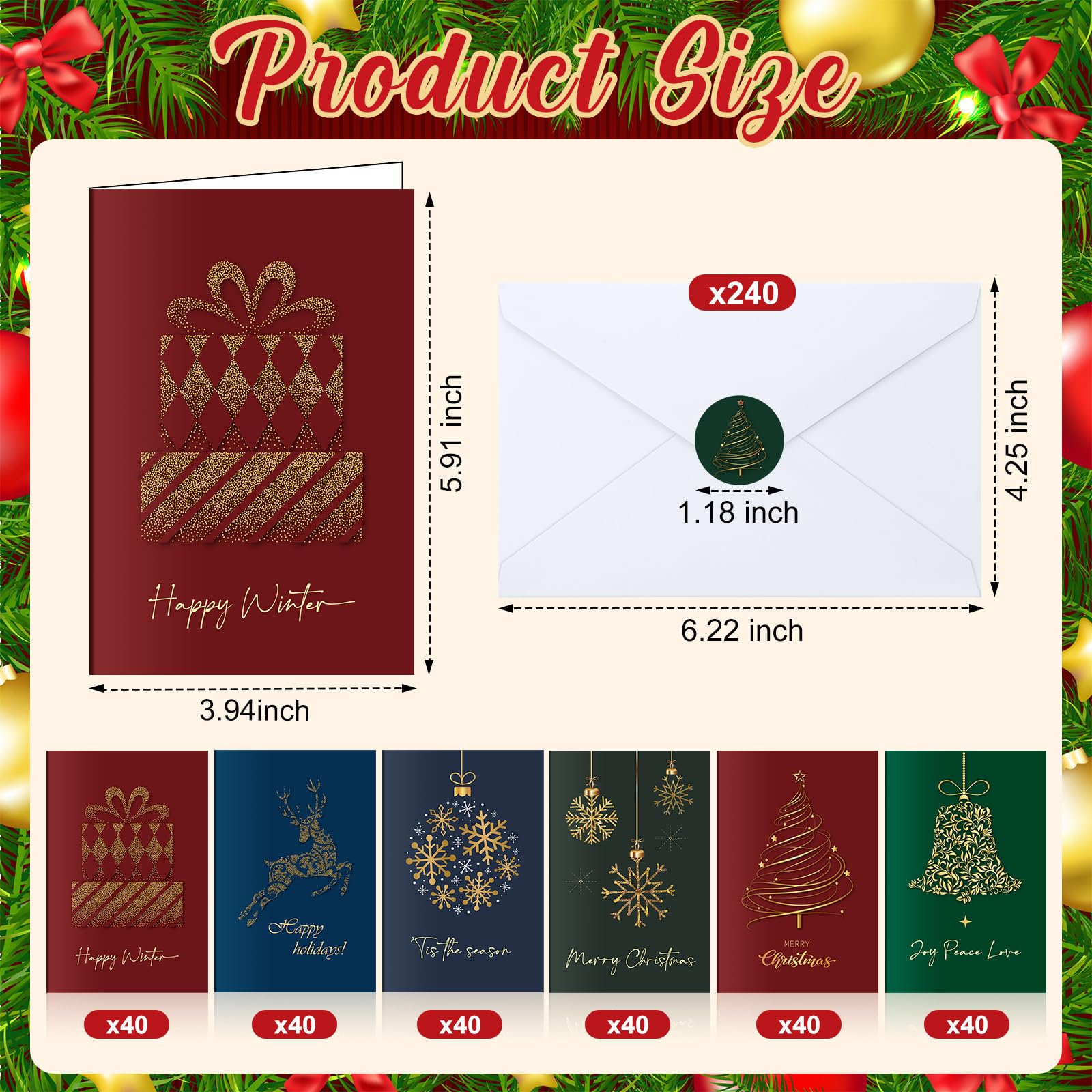 Crtiin Lot de 240 cartes de vœux de Noël en feuille d'or en vrac avec enveloppes et autocollants, 6 motifs assortis, 15 x 10 cm, fournitures d'invitation festives