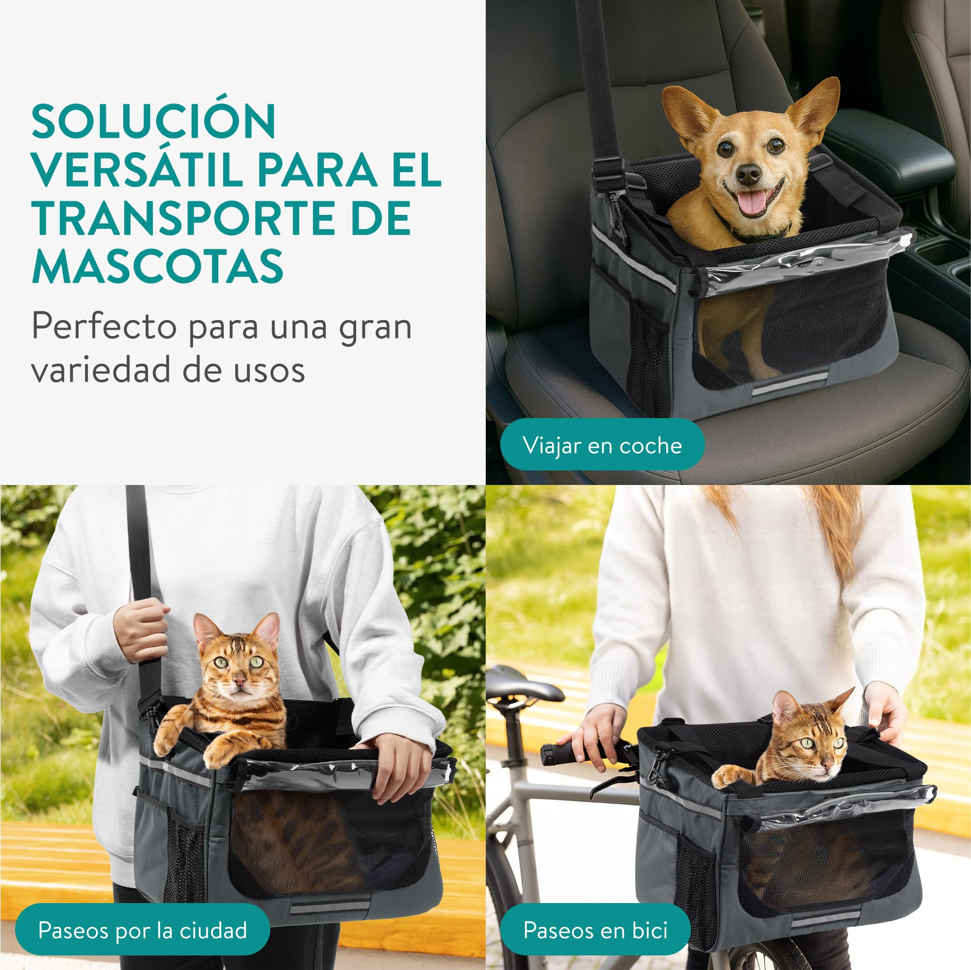 Navaris Cesta Perro Bicicleta - Cesta Bicicleta Delantera para Perros y Gatos MAX. 10 kg - Cordón Ajustable para Que No Salten - con Bolsillos Adicionales y Correa para Hombro