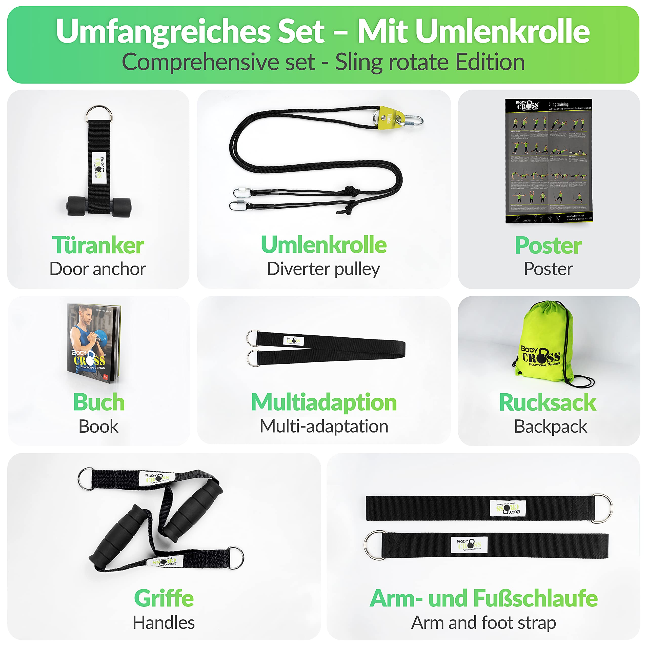 BodyCROSS Premium Schlingentrainer mit Umlenkrolle für zuhause| Türanker, Befestigung, Poster & Trainingsplan| Krafttraining Made in Germany| geprüft & Zertifiziert| Slingtrainer Set| 10 J. Garantie