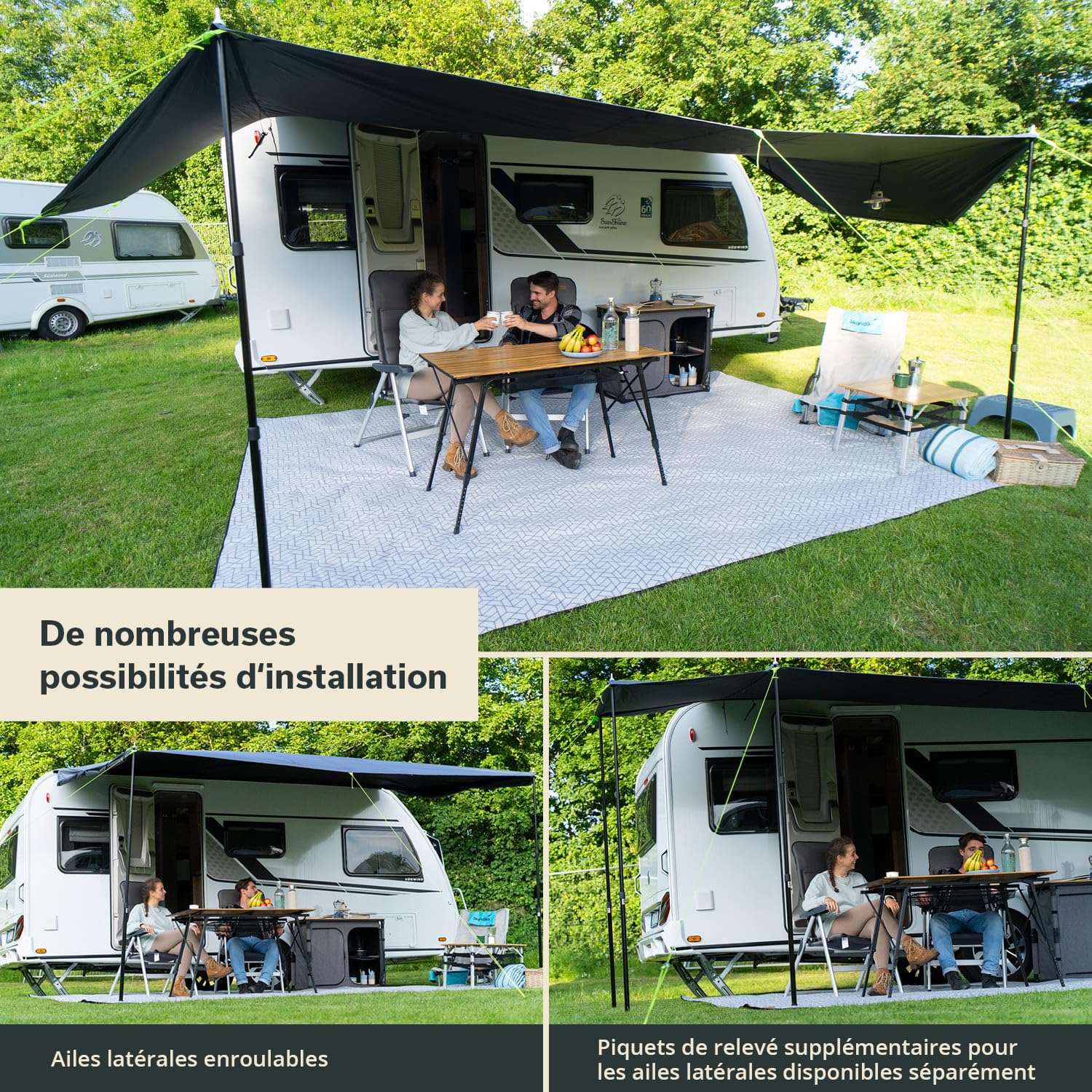 Skandika Auvent Freeway | Voile d'ombrage avec ralingue, Tarp, avancée pour Caravane, Store banne, Protection Solaire UV 50+, Colonne d'eau 3000 mm | Camping-Car, Caravane, Bus, Camping (3 x 2,4 m)
