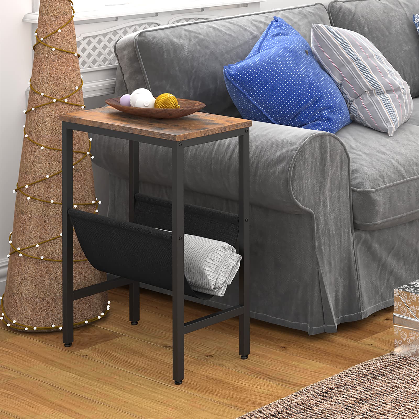 HOOBRO Narrow Side Table, Slim Bedside Table with Magazine Holder Sling