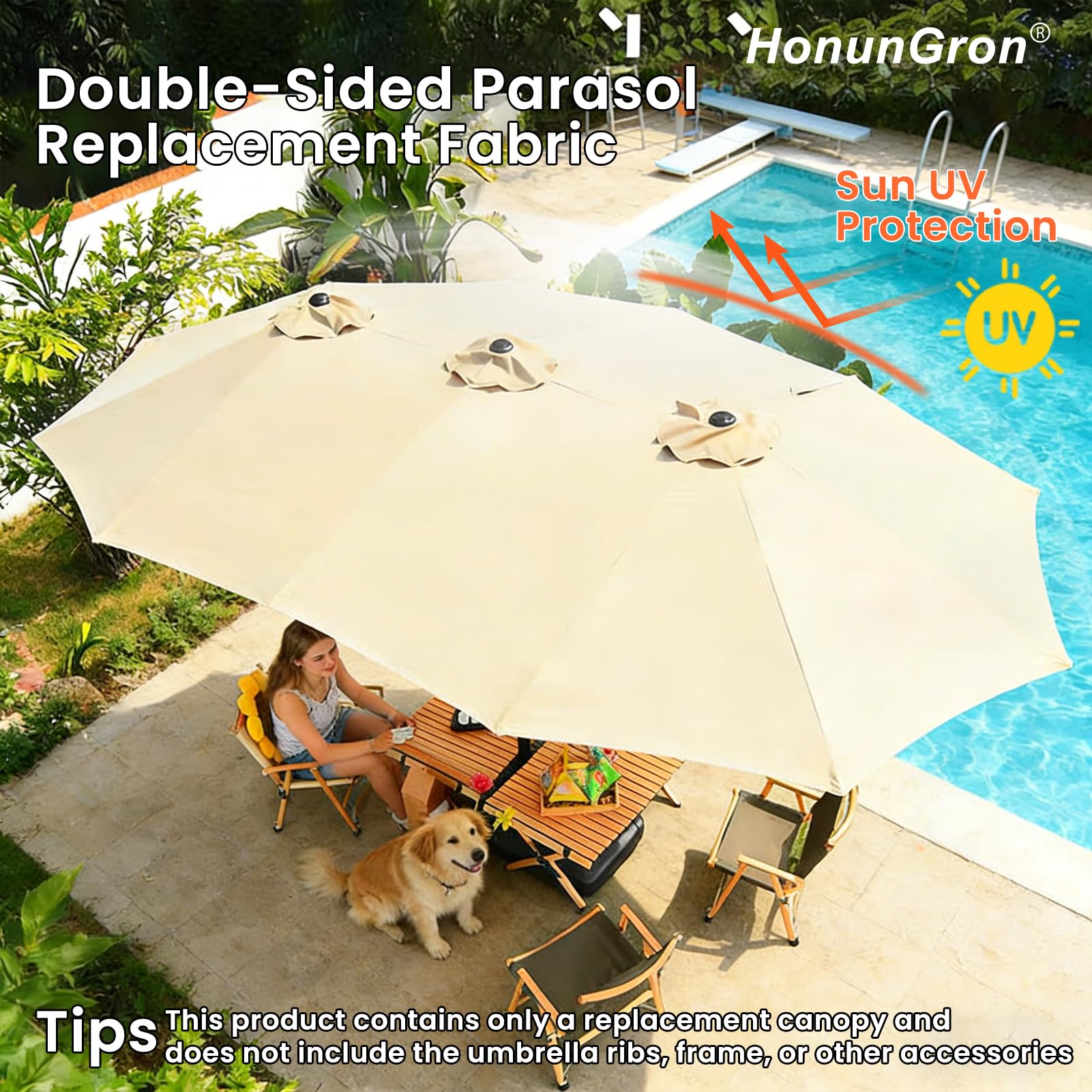 Doppelsonnenschirm Ersatzbezug 460x270 cm, Sonnenschirm Bezug für 12 Streben, Ersatz Sonnenschirm Stoffbezug für Garten & Terrasse, UV-beständig, Parasol Ersatzdach (Taupe)