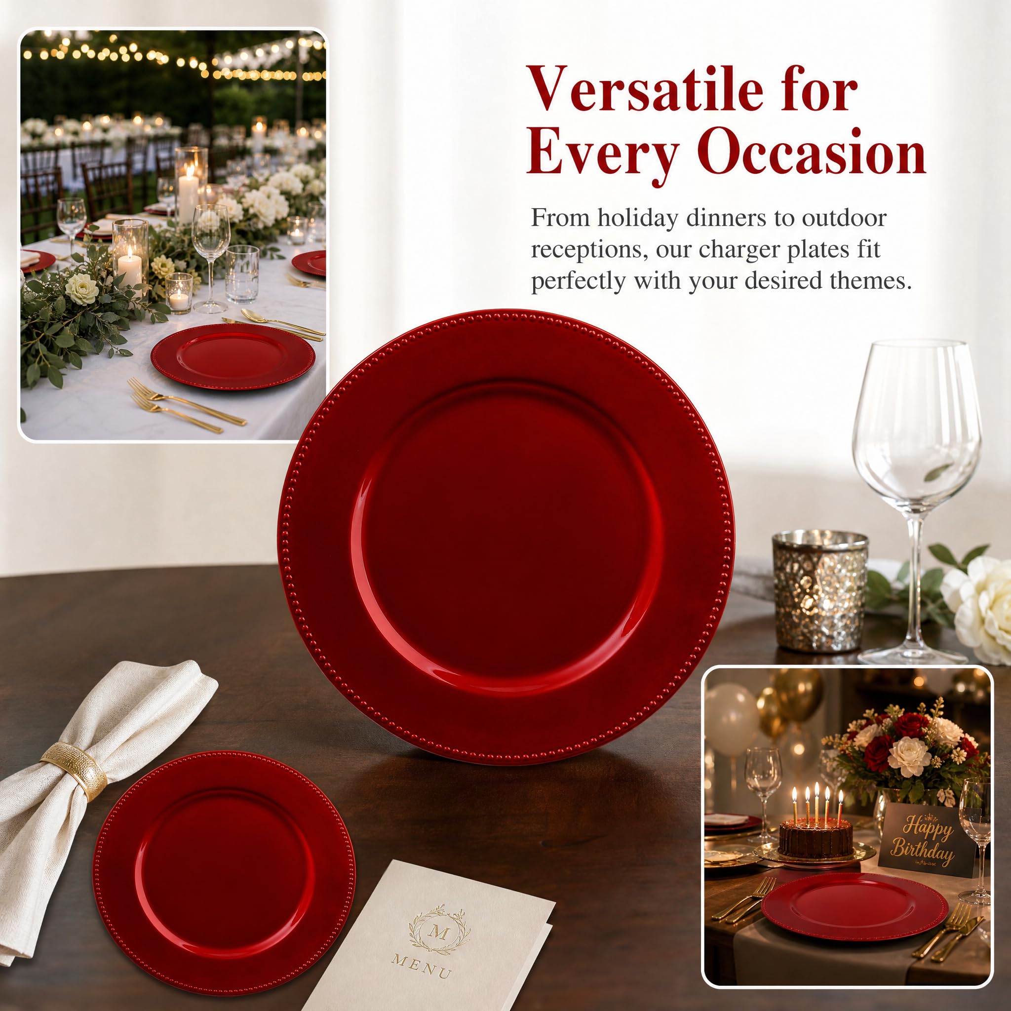 Okllen Paquete de 12 placas de cargador redondas de plástico, 13 pulgadas, placas de cargador de cuentas rojas decorativas para cenas, eventos de catering, decoración de mesa