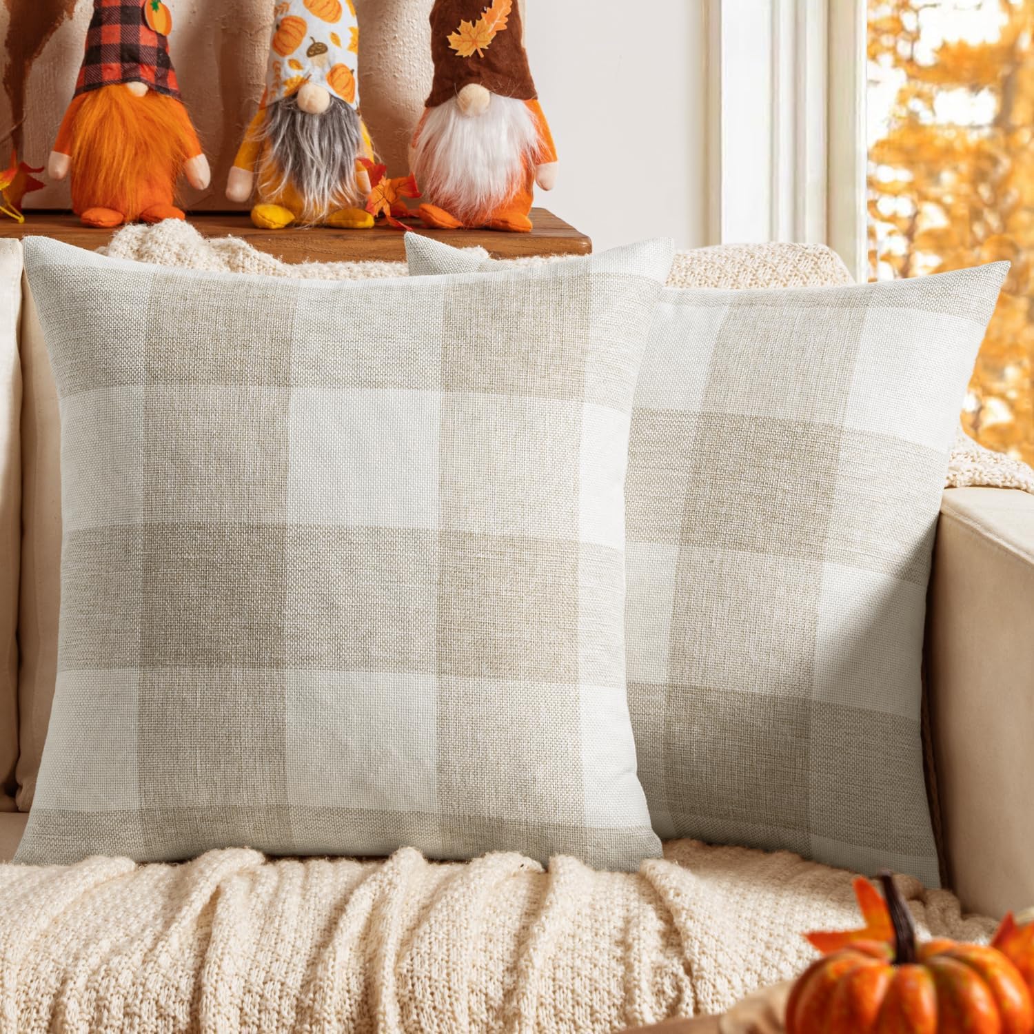 MIULEE Pack of 2 Farmhouse Buffalo Check Plaids Polyester Linen Soft Soild Decorative Square Throw Pillow Covers Home Decor Cushion Case for Christmas Sofa Bedroom 18×18 Inch Cream White and White
