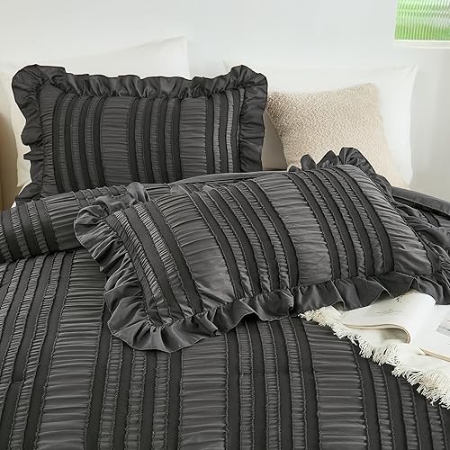 Miniatura 4 de WONGS BEDDING Juego de edredón tamaño Queen, juego de edredón bohemio gris oscuro, juego de ropa de cama Shabby Chic para cama, edredón de 3 piezas