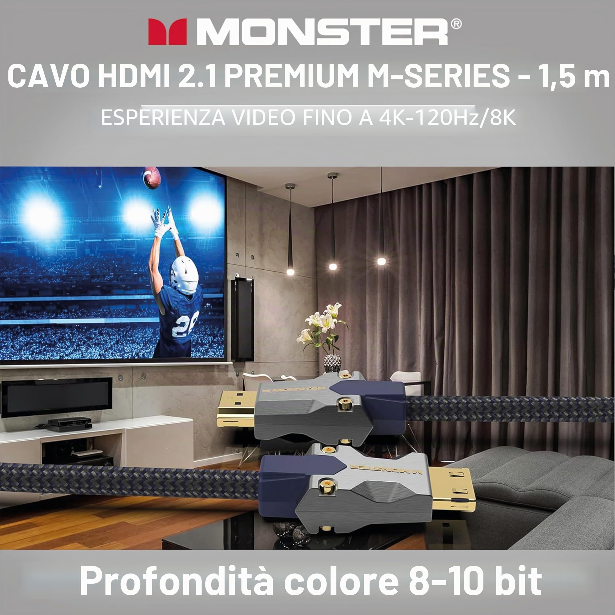 Monster - Cavo HDMI 8K Video HDR 48GBPS, Velocità Flash, Connettori V-Grip Tripla Schermatura, 1,5 m, Nero