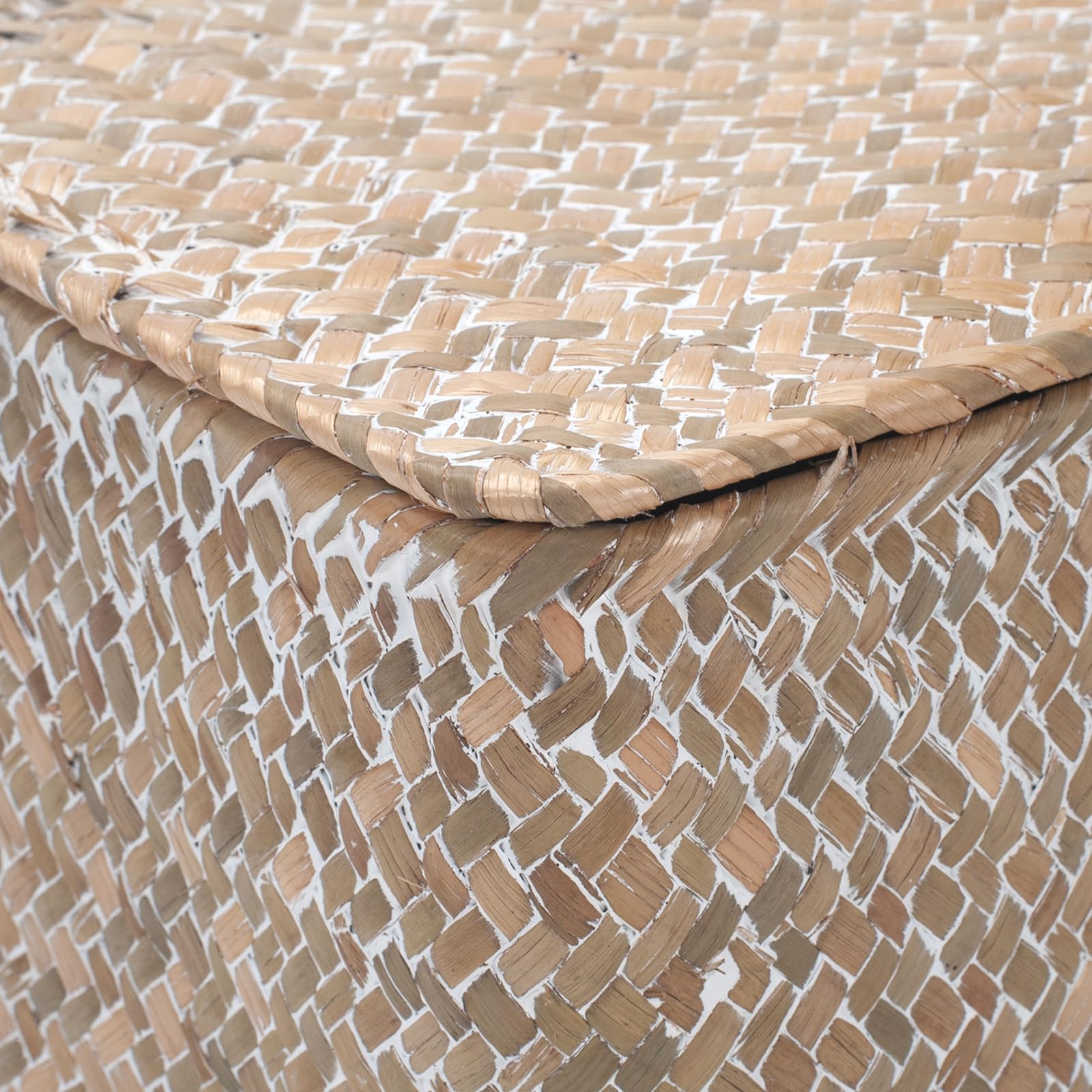 Cesta de Mimbre con Tapa, Cesta de Almacenamiento de Seagrass, Cesta Decorativa Tejida para Estante o Mostrador, Blanco