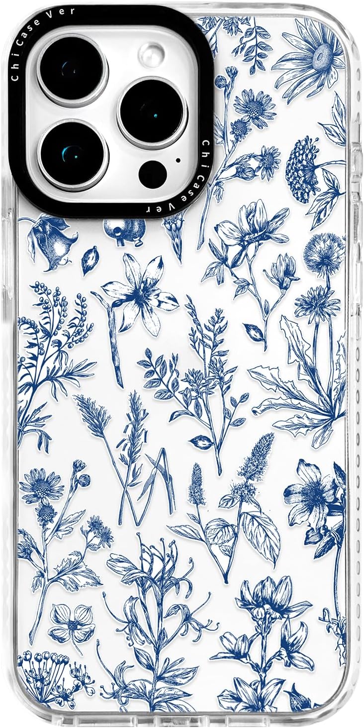 for iPhone 16 Plus Case, Vintage Botanical Pattern with Blue Flowers, Military-Grade Drop Protection, Cute Soft Slim TPU Protective Cover with Camera Lens Protection for Women & Girls BlueFloralDark iPhone 16 Plus