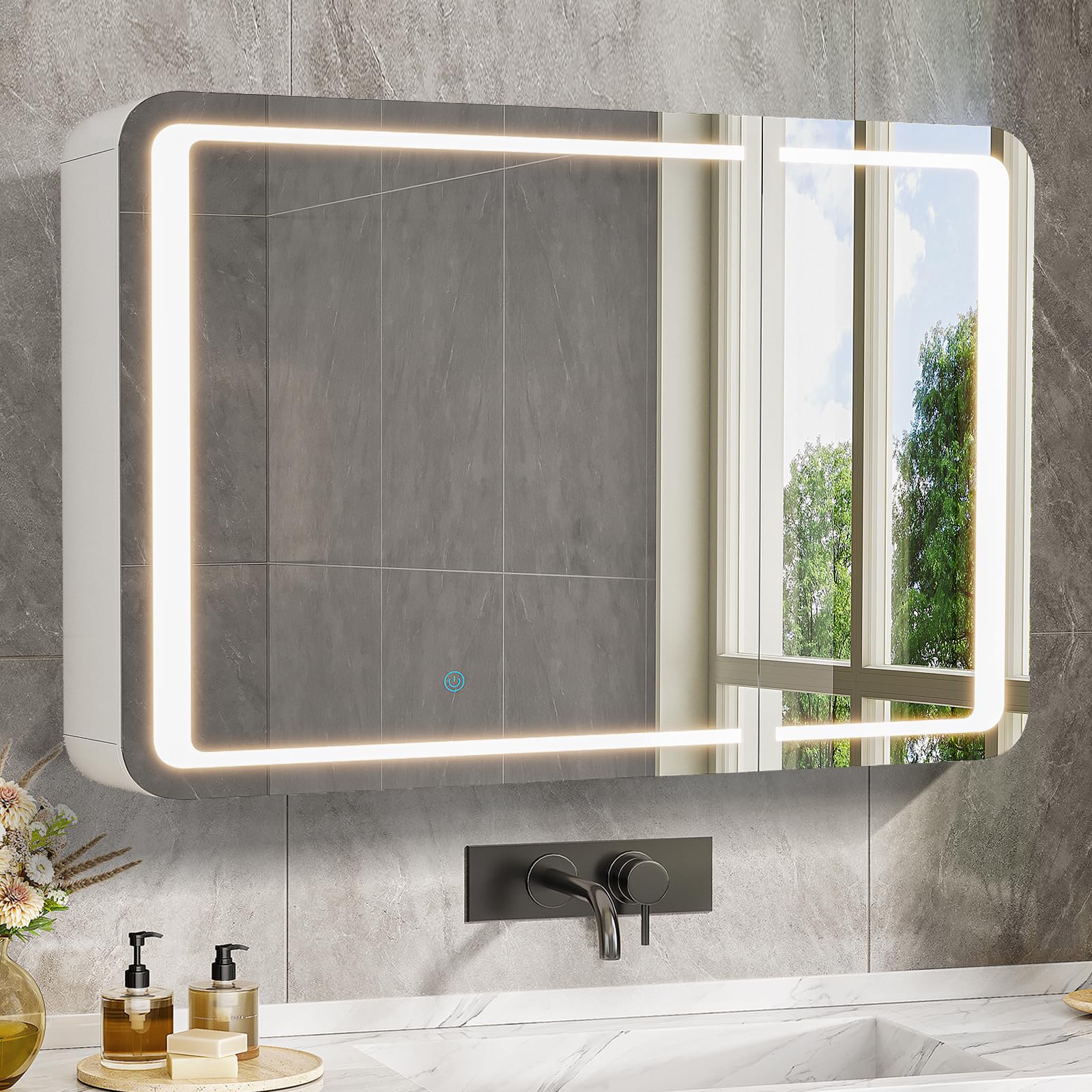 Armoire Salle de Bain Miroir avec éclairage LED & Prise, Armoire Murale Salle de Bain avec Miroir HD, 3 Étagères Réglables, Angles Arrondis, Armoire de Toilette, 16 x 80 x 60 cm, Blanc