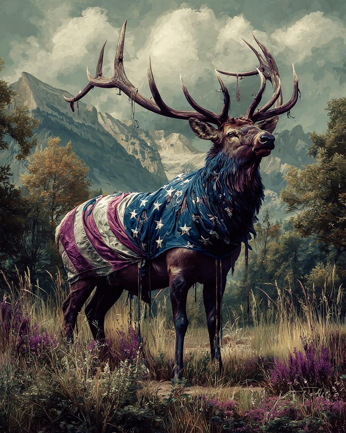 Liubaishi Multicolour Paint By Numbers For Adults, American Elk With Flag Theme, 40X50 Cm Acrylic Canvas Kit With Brushes And Paints
