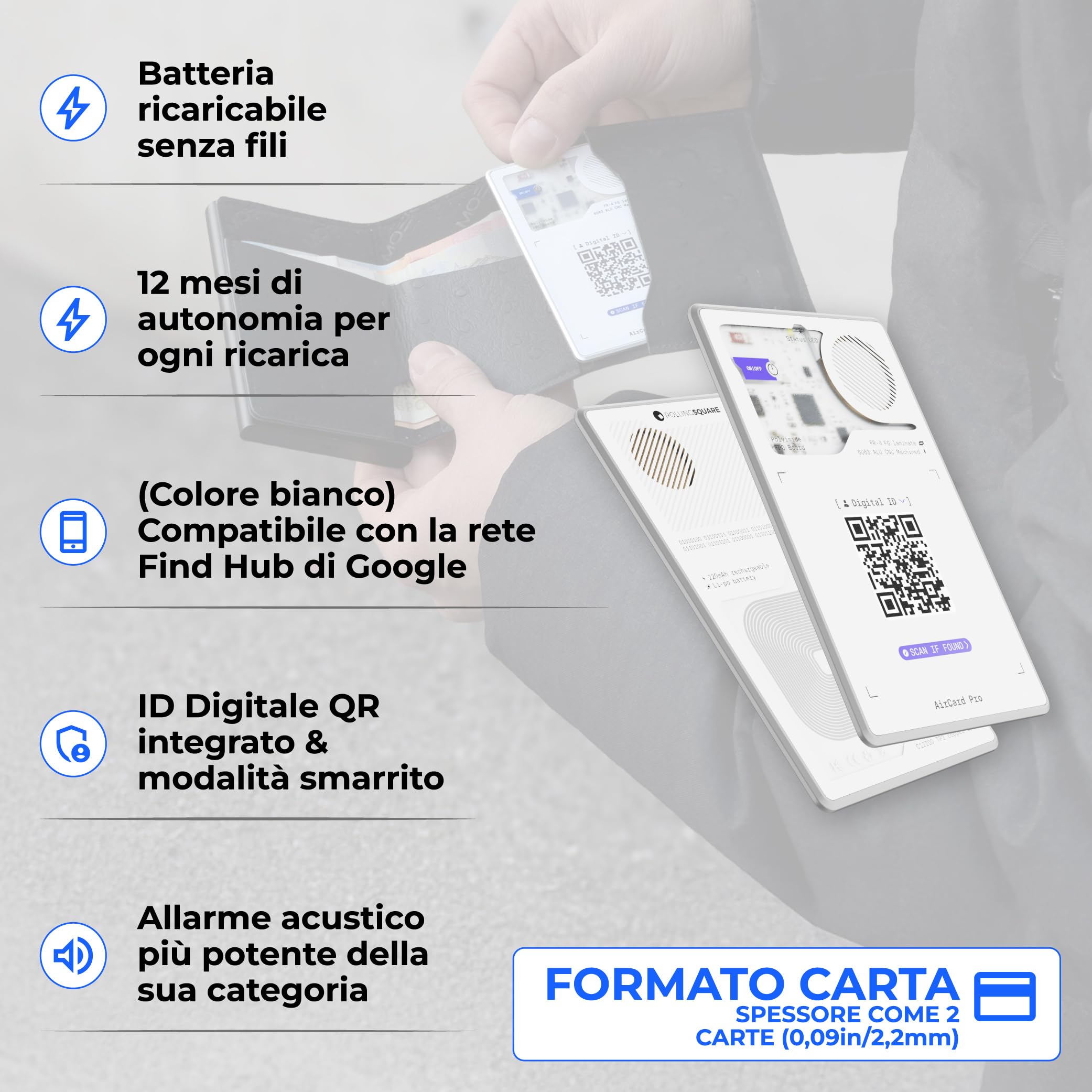 Rolling Square AirCard Pro – Wallet Tracker Card Bluetooth Compatibile Solo con Android Google Find Hub - Localizzatore Bluetooth con Ricarica Wireless e ID Digitale, Gadget Tecnologici Smart Tag (x1)