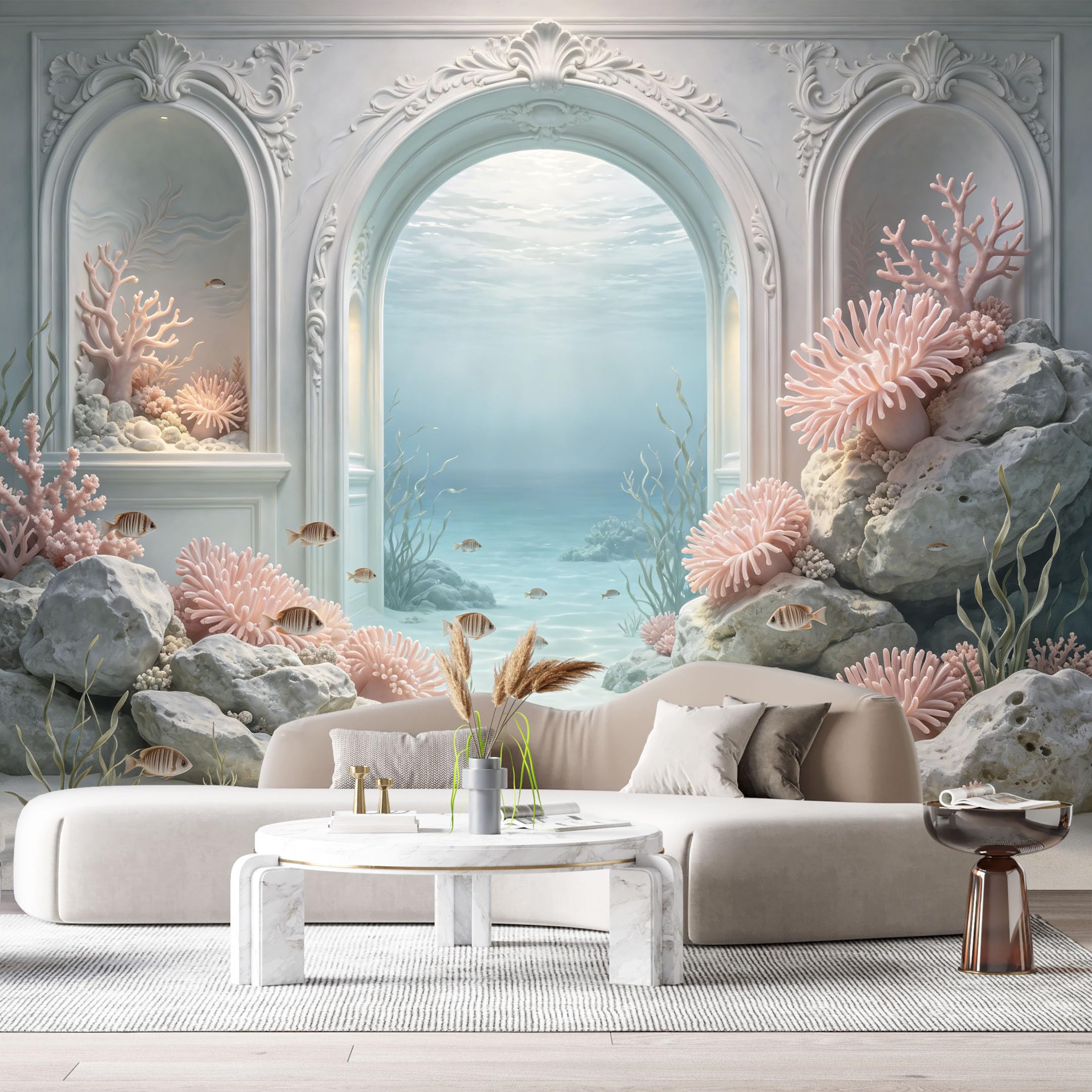 Custom Size Wall Murals Ocean Marine Coral Reef Archway 3D Trompe L'Oeil SelfAdhesiveWall Fabric Removable Wallpaper Wall Decor for Living Room Bedroom Bathroom