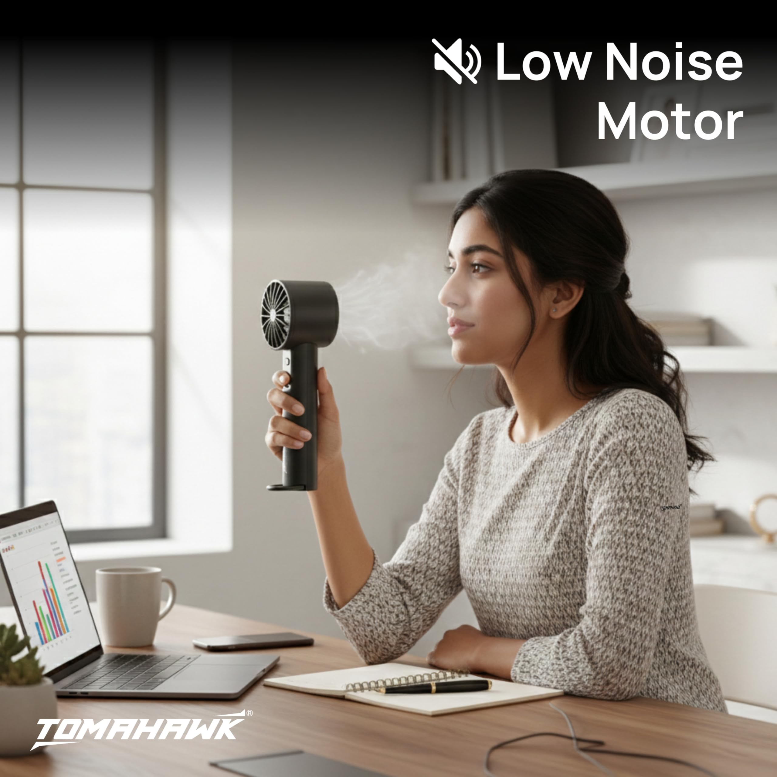 Tomahawk® HHDF-1475 Portable Rechargeable Mini Fan with 2000mAh Battery 3 Speed Modes (Low/Medium/High) USB Powered 5V/2A Compact & Lightweight Cooling Fan for Home, Office & Travel 1