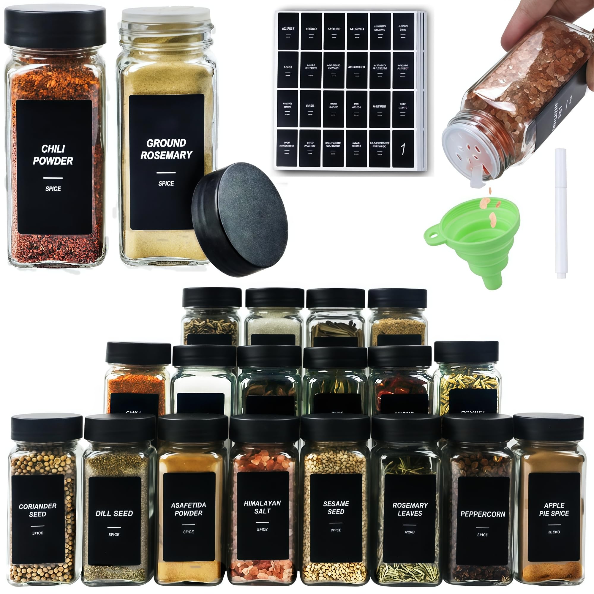 24Pcs Spice Jars Containers with Labels，4oz Black Seasoning Bottles with Shaker Lids for Rack, Cabinet, Drawer,Empty Square Condiment Pots (24, Black)