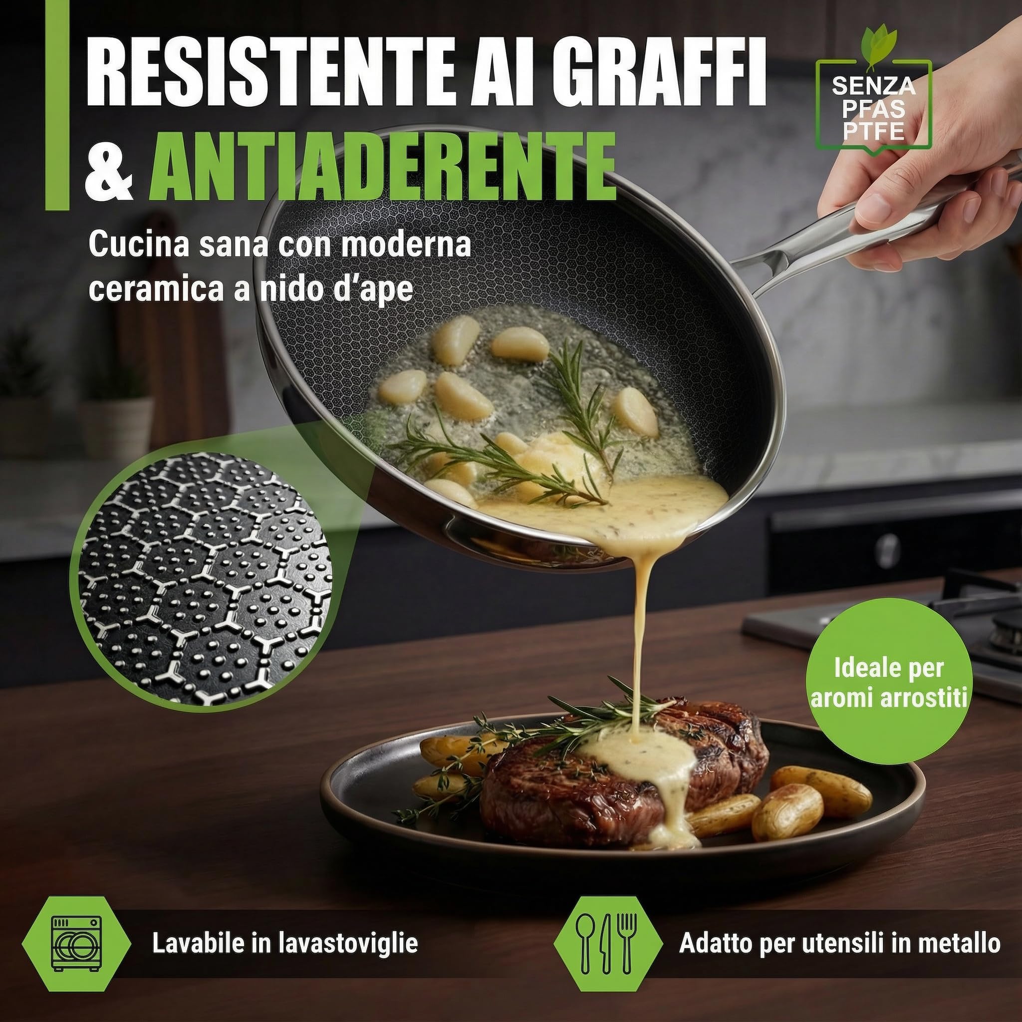 Padella in ceramica, 32 cm, resistente ai graffi, a 5 strati, 3 mm, 1,67 kg, per induzione, antiaderente, lavabile in forno e lavabile in lavastoviglie, senza PFAS e PTFE