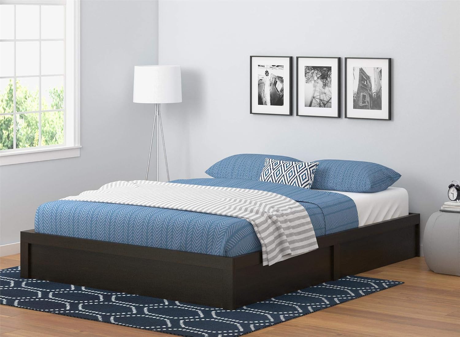 Ameriwood Home Full Platform Bed Frame in espresso finish with a mattress and bedding