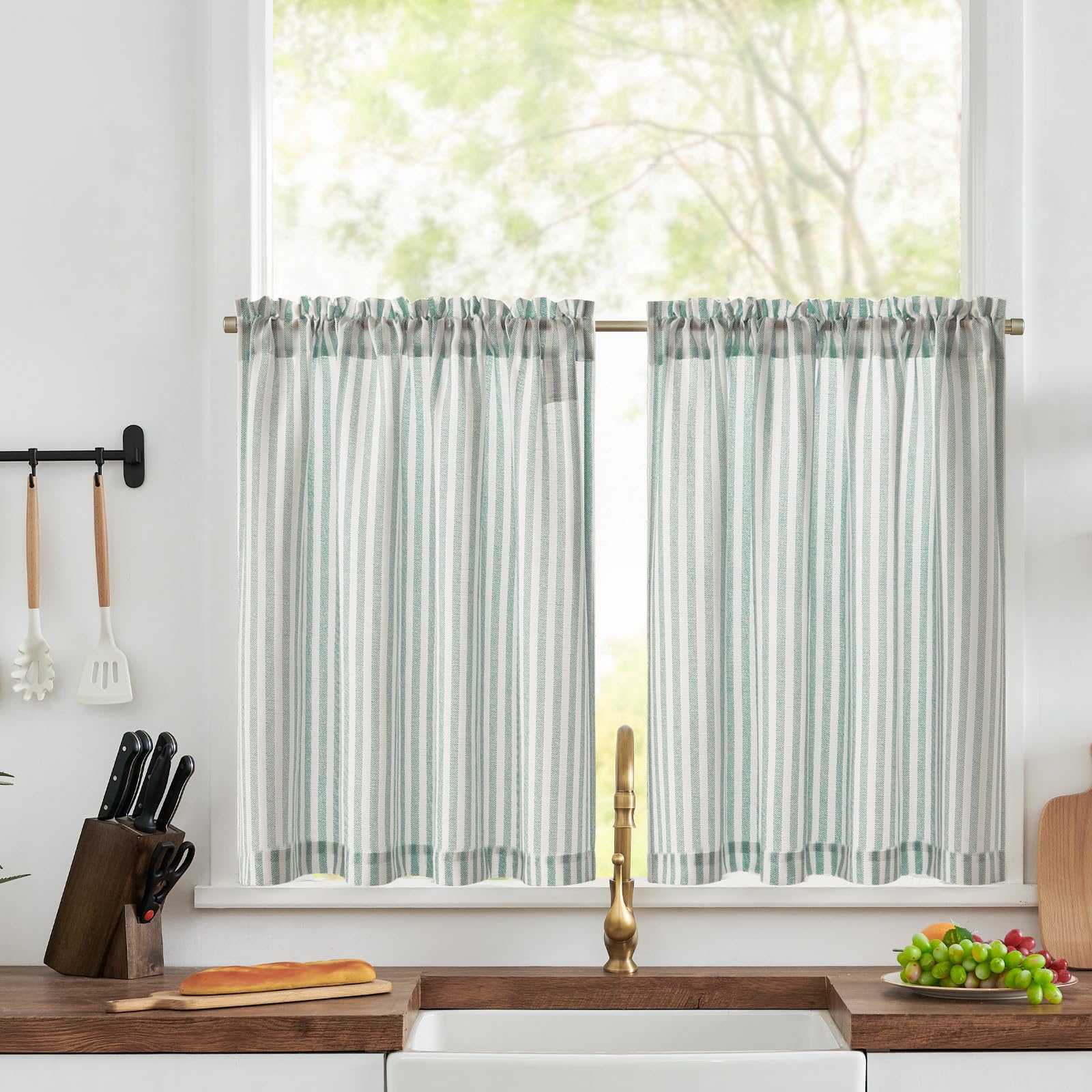 TOPICK Kitchen Curtains, Light Blue Linen Look Cafe Curtains W36 xL24