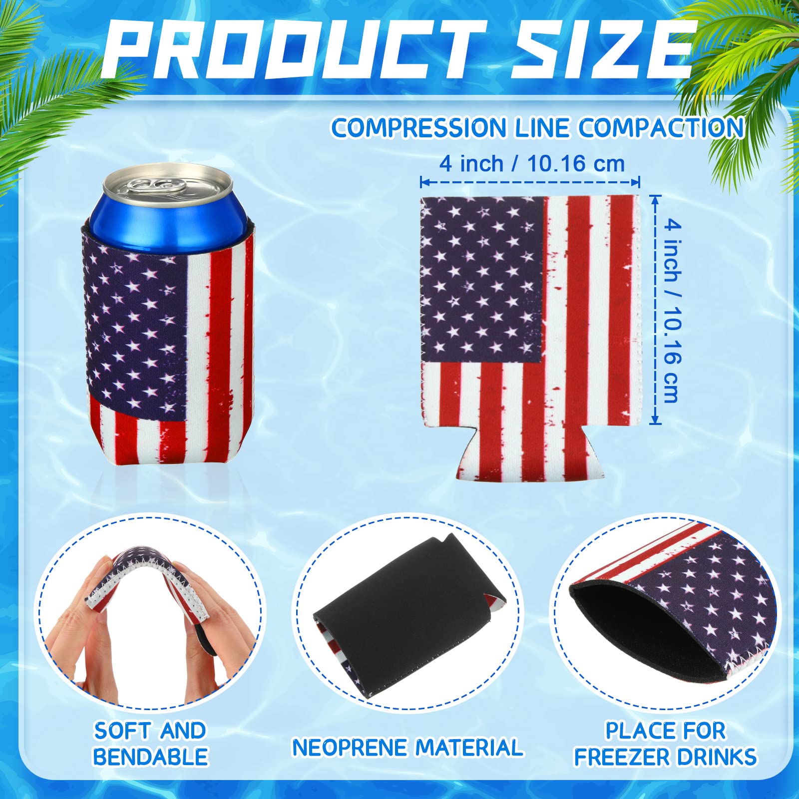 24 Pcs Summer Can Cooler Sleeves Reusable Usa Flag Can Cooler Collapsible American Flag Can Covers for Beer DIY Neoprene Beer Bottle Cooler Insulation with Stitches for Drink Holder Party, 12 oz