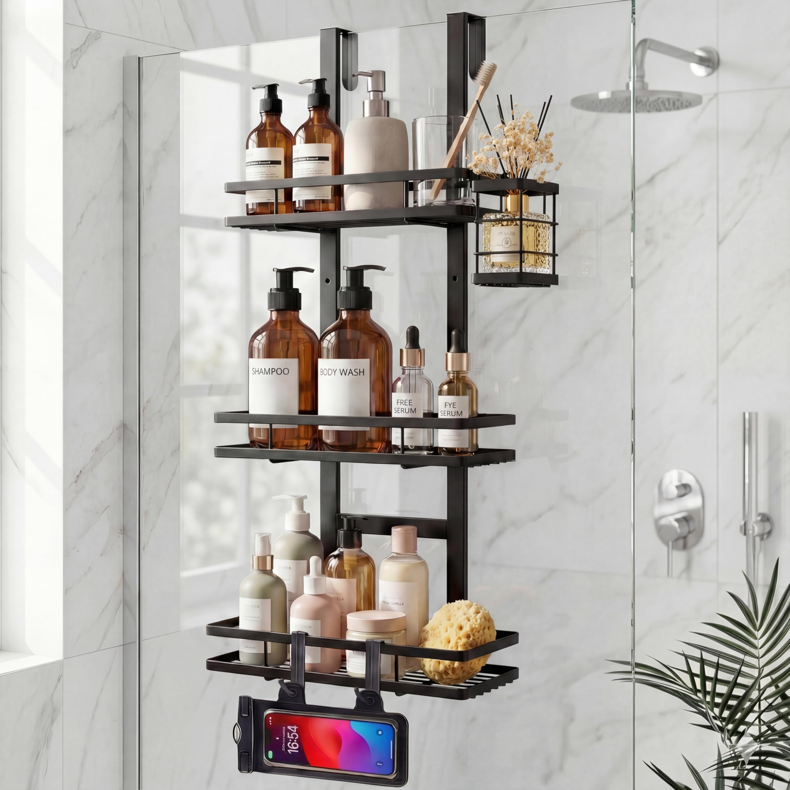 WEYALLE Over the Door Shower Caddy Hanging Rustproof Shower Shelves with Waterproof Phone Pouch 3-Tier Adjustable Bathroom Organizers