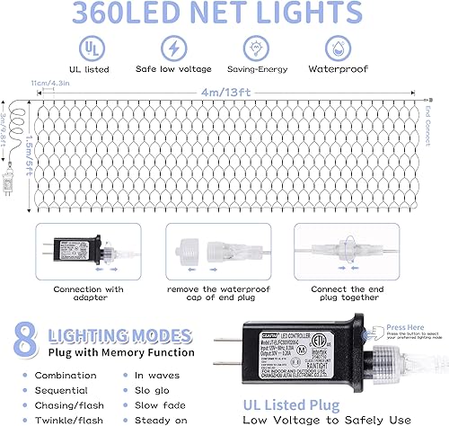 Miniatura 4 de HEYFUNi Cadena de luces de malla impermeable, 360 luces LED de red de Navidad de 13 x 5 pies, 8 modos, conectables para interiores y exteriores,