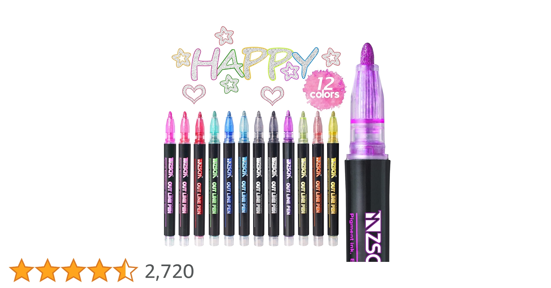 ⭐️NLINE ZSCM Outline Metallic Marker Pens, 12 Colors Double Line