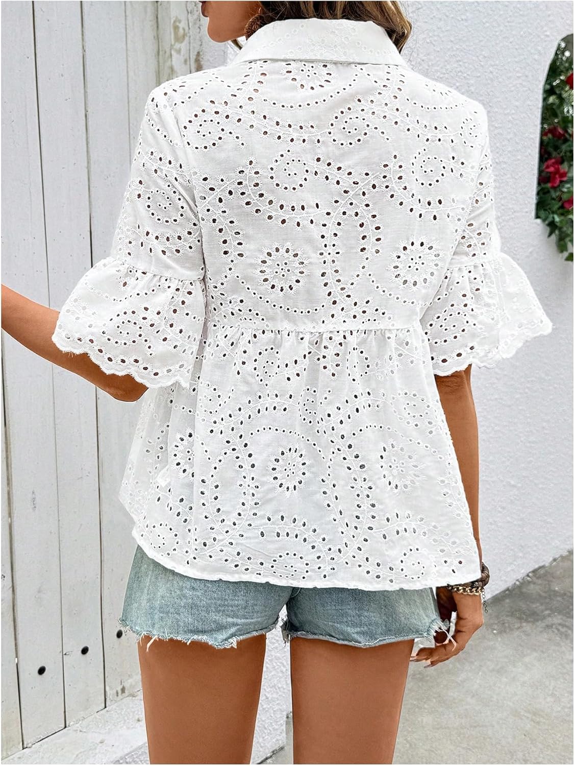 SweatyRocks Women's Summer Boho Ruffle Sleeve Button Down Eyelet Tops Peplum Blouse - Image 2