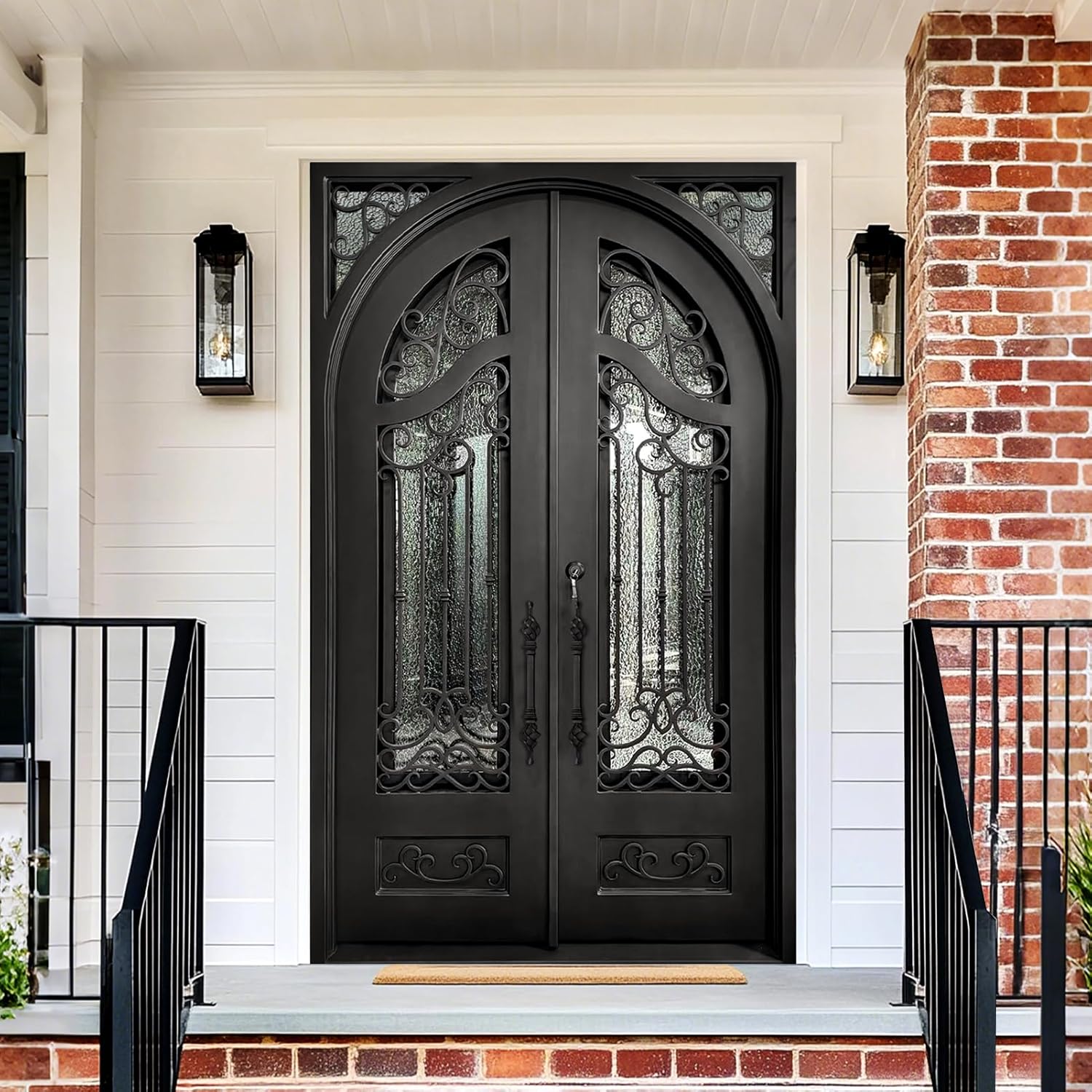 CHETTO C Iron Double Door Exterior Entry Front Door Prehung Aquatex Glass, Oil Rubbed Bronze, 72" W x 96" H