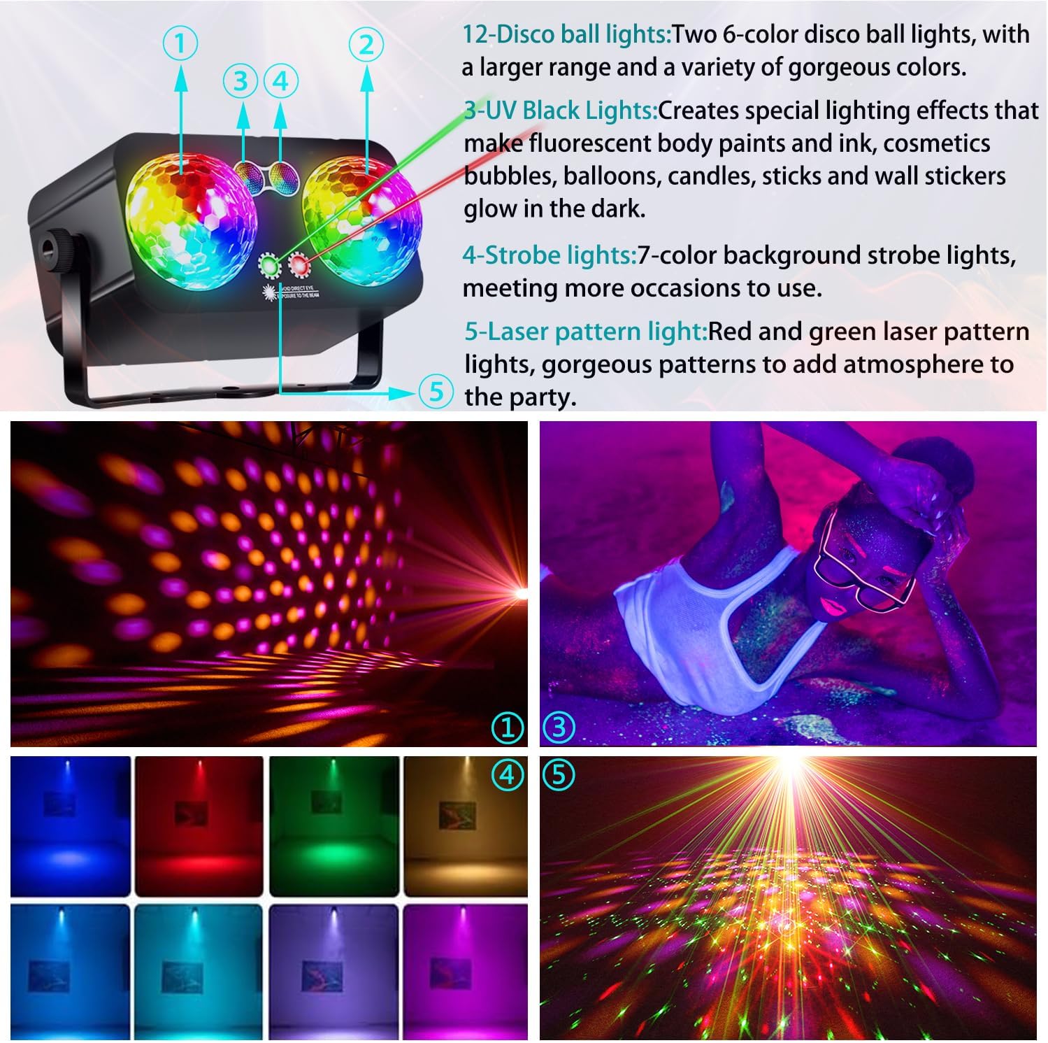 DJ Party Disco Ball Light，Sound Activated 4 in 1 LED Lights and Strobe Pattern Light for Home Room Dance Parties Birthday Halloween Christmas Karaoke Wedding Show Club Decorations