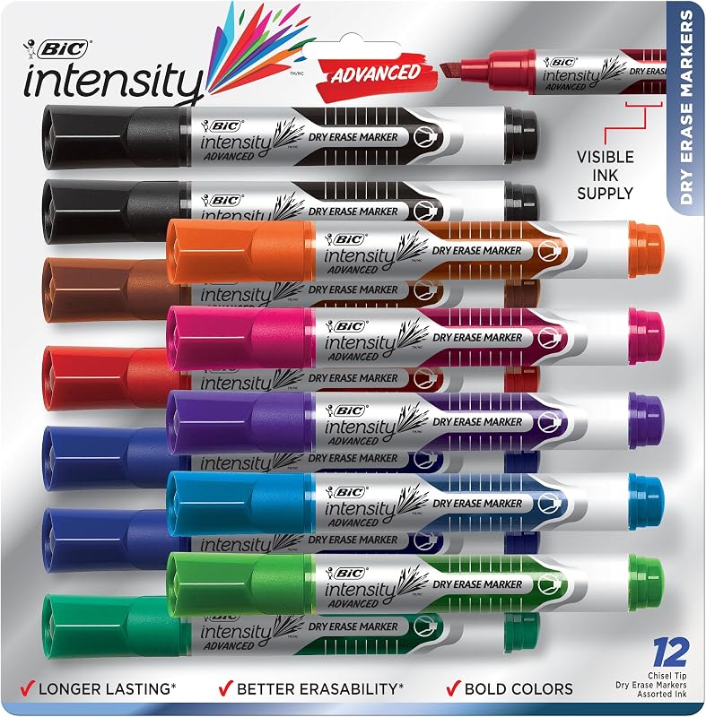 Intensity Advanced Colorful Dry Erase Markers, Chisel Tip, 12-Count | Assorted Colors for Versatile Use | Liquid Ink Flows Smoothly | Non-Toxic, Low Odor, And Safe for Classrooms