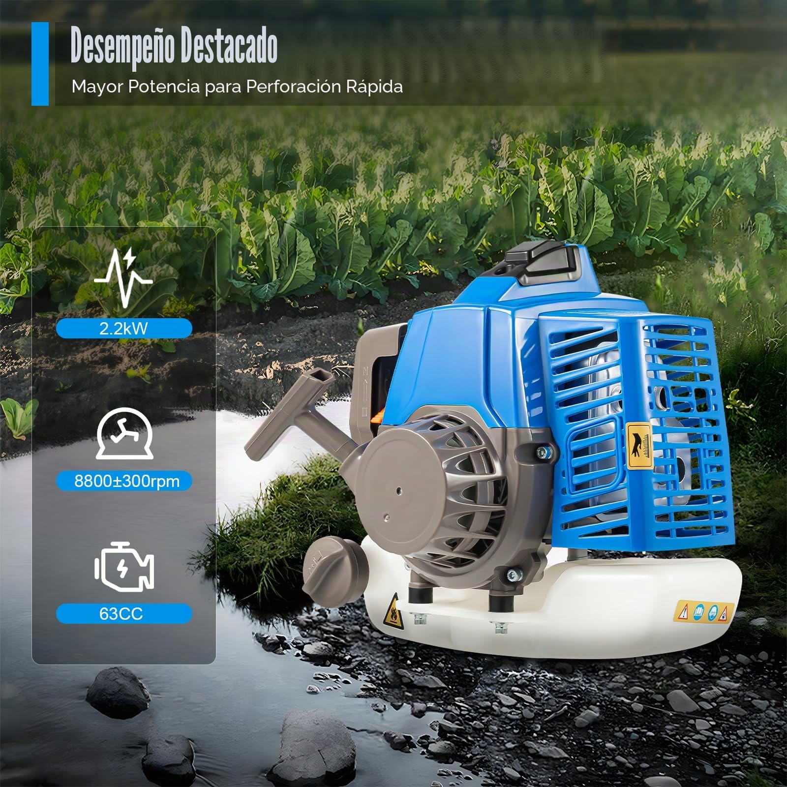Broca de tierra de 2 tiempos, 63 cc, gasolina, con ruedas, 2200 W, 8800 ± 300 rpm, para jardín, gasolina, 1,3 L, capacidad del depósito de combustible, excavadora, poste de valla con broca de 300 mm