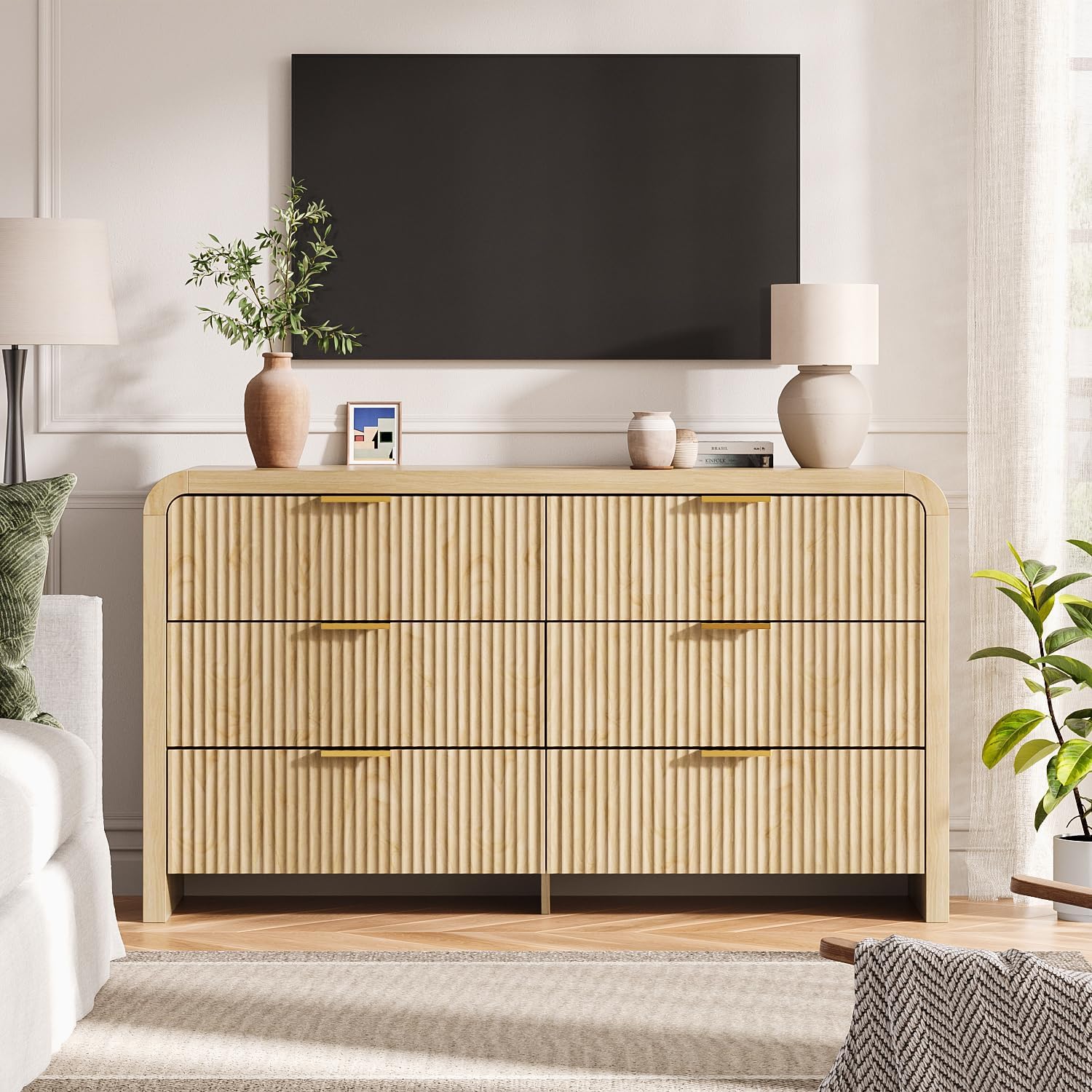 Angel Sar 55" Modern Fluted 6 Drawer Dresser for Bedroom, Wooden Bedroom Dresser with Arched Tabletop, Wave Pattern Design & Gold Handles, Closet Chest of Drawers for Clothes Storage, Natural Wood
