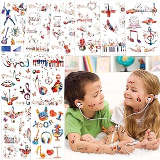 Konsait Music Notes Temporary Tattoos Creative Tattoos Stickers Red and Blue Music Notes Guitar Piano Music Feathers Fake Tattoos for Music Party Birthday Gift for Adults Music Favor