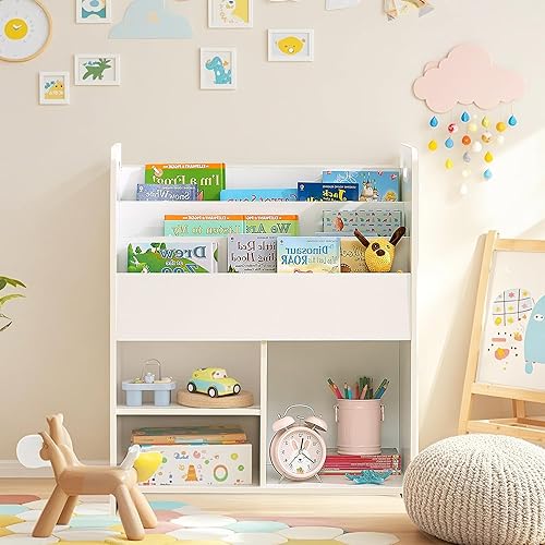 Miniatura 8 de VECELO Estantería para niños, 2 en 1 con estantes y 3 cubos de diferentes tamaños, organizador de madera para almacenamiento de juguetes para Blanco