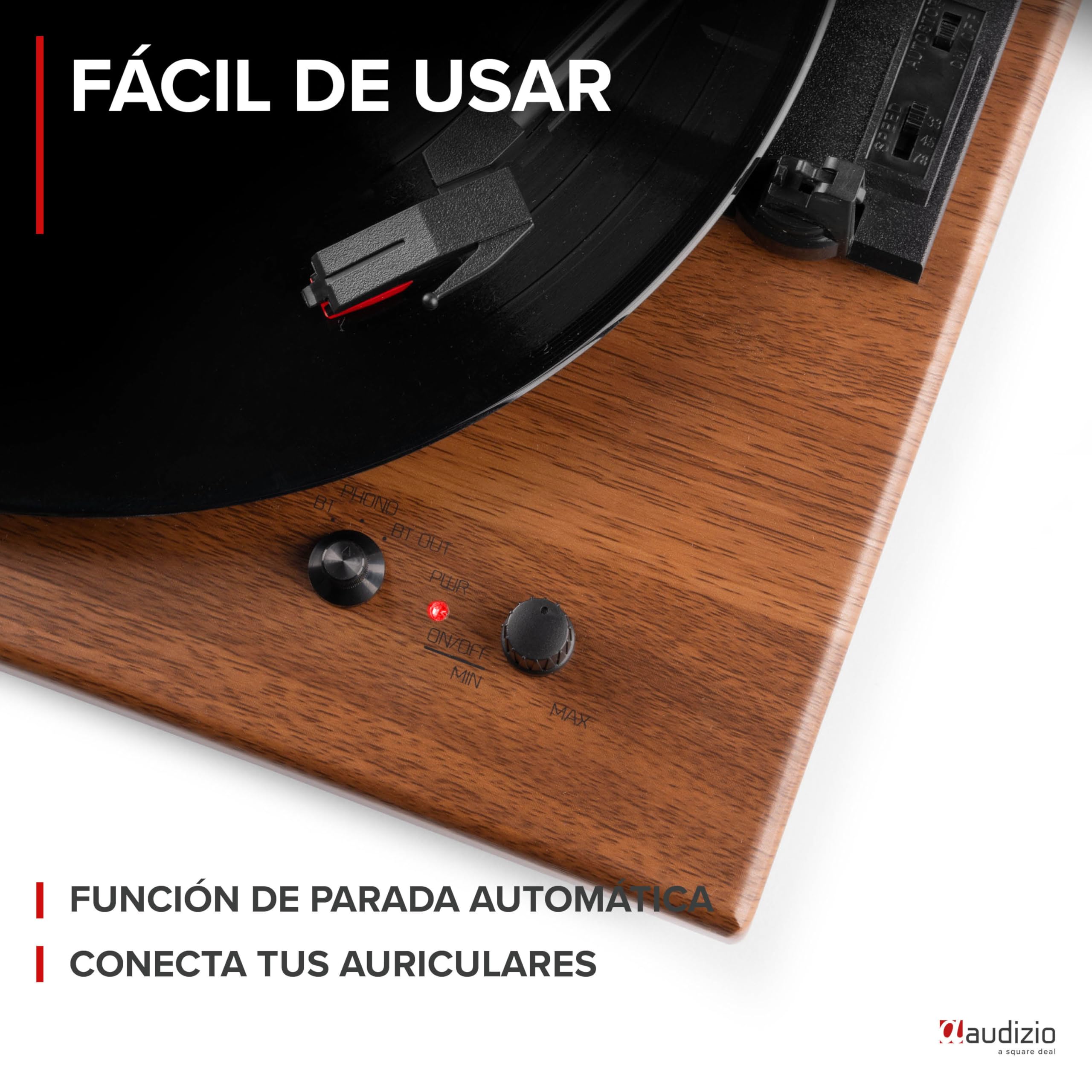 Audizio RP112L Tocadiscos de Vinilo Retro de Madera con Bluetooth, giradiscos de 3 velocidades, Apto para Todos los tamaños de Vinilo, se Conecta a un Altavoz Incorporado con Bluetooth, Salida RCA