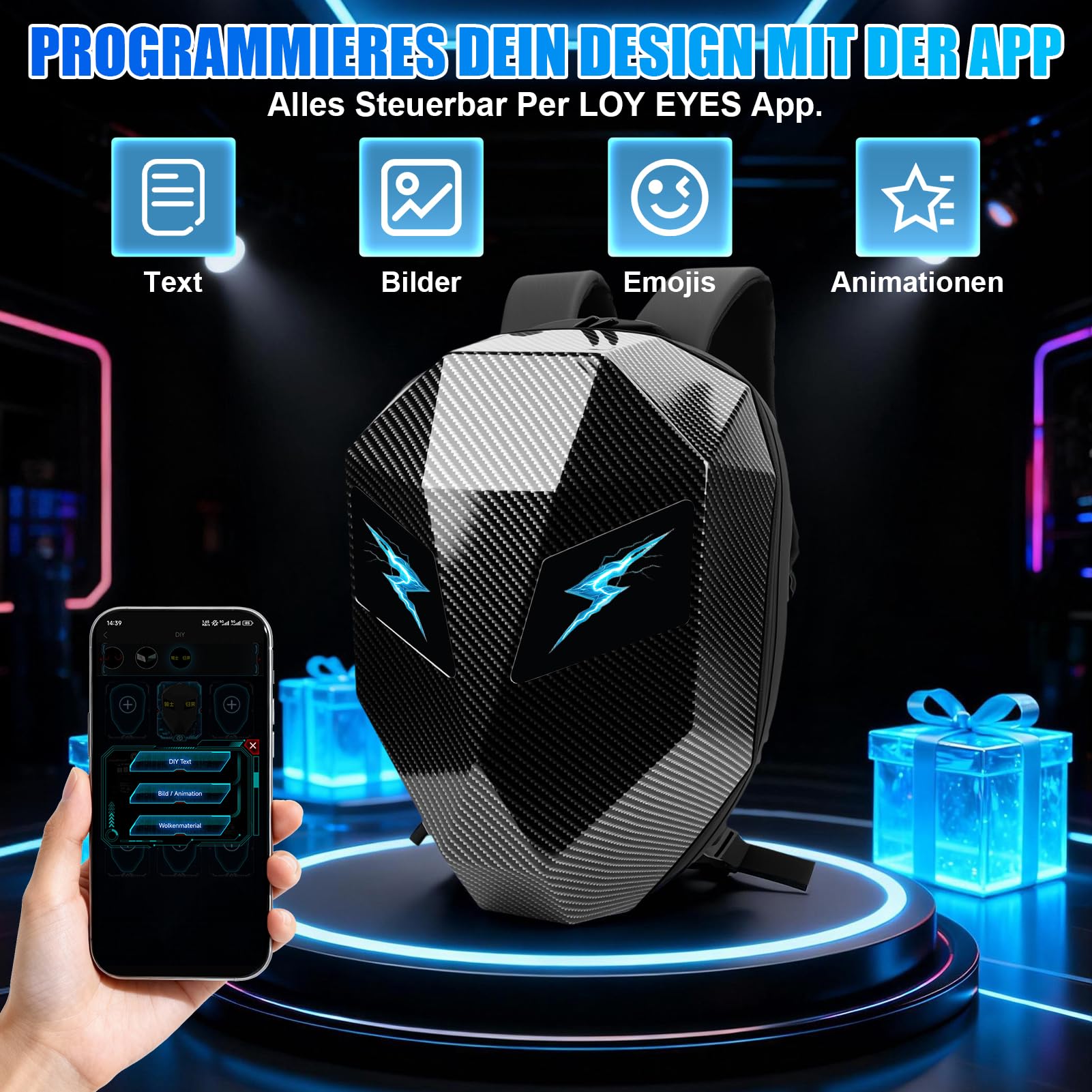 LED Rucksack Motorrad Geschenkidee für Männer Jugendliche, Programmierbarer Pixel Display Helmrucksack mit 3D Hartschale, Wasserdichter Laptop Tagesrucksack für Reise Schule Alltag Schwarz