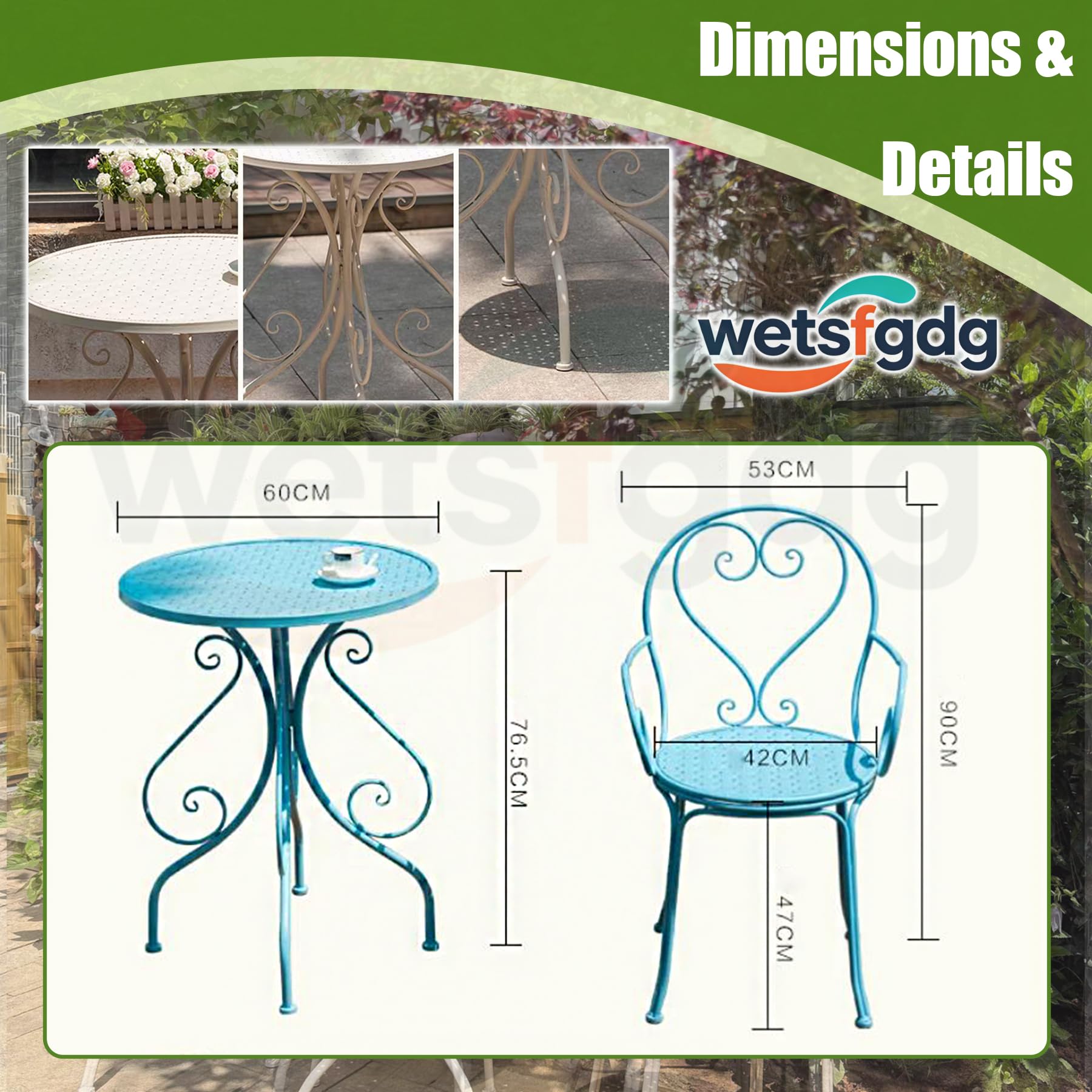 Set Tavolo e Sedie da Giardino,Set Bistrot per 2 Persone,Impilabili e Smontabili,Design Country Vintage, Montaggio con 4 Dadi, Per Giardino, Balcone e Campeggio(Bianco)