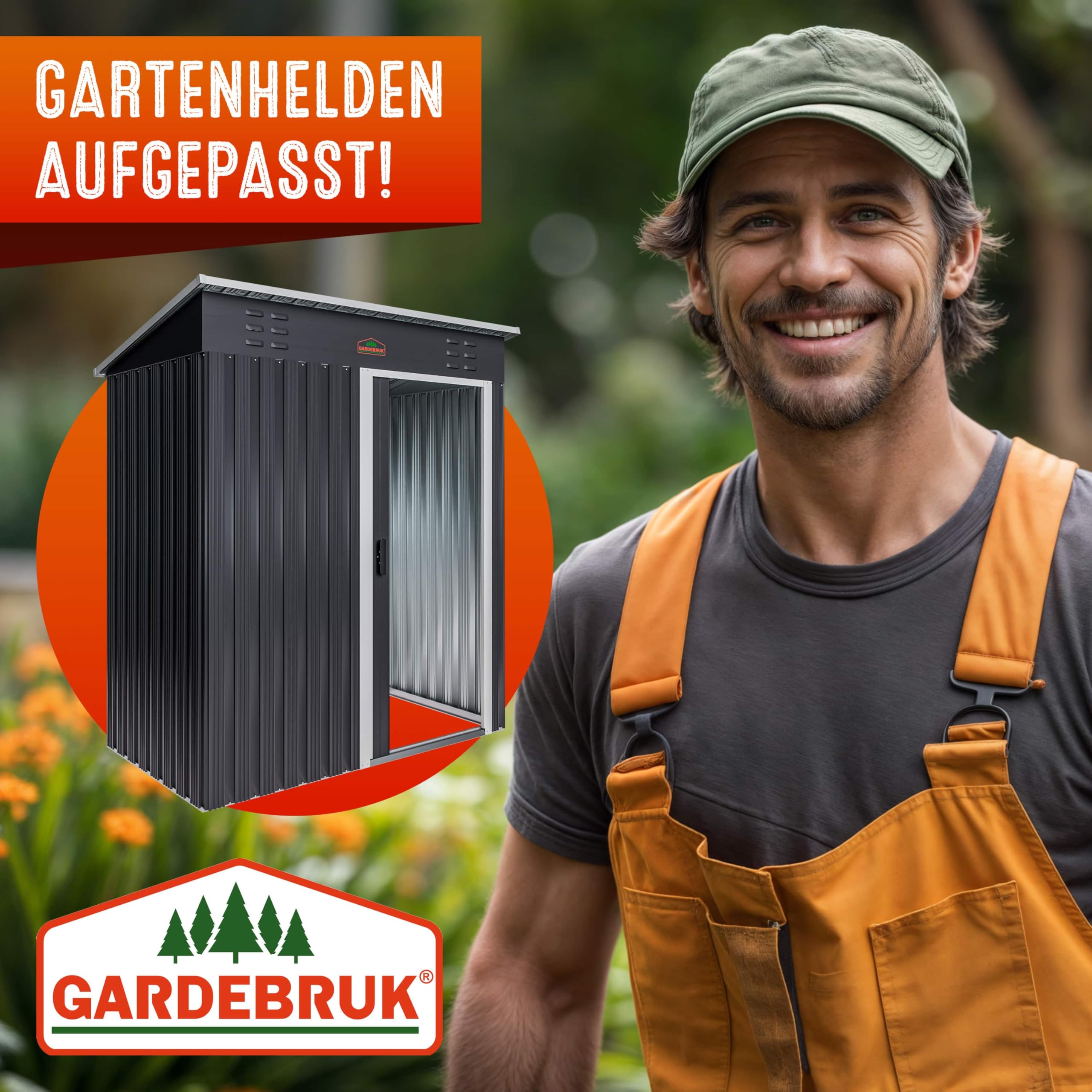 GARDEBRUK® Geräteschuppen NEUES Modell 2026 Gartenhaus 1,5m² 185x165x90cm Schiebetür 20kg Halter Handschuhe Belüftung Pultdach Graphit Gerätehaus