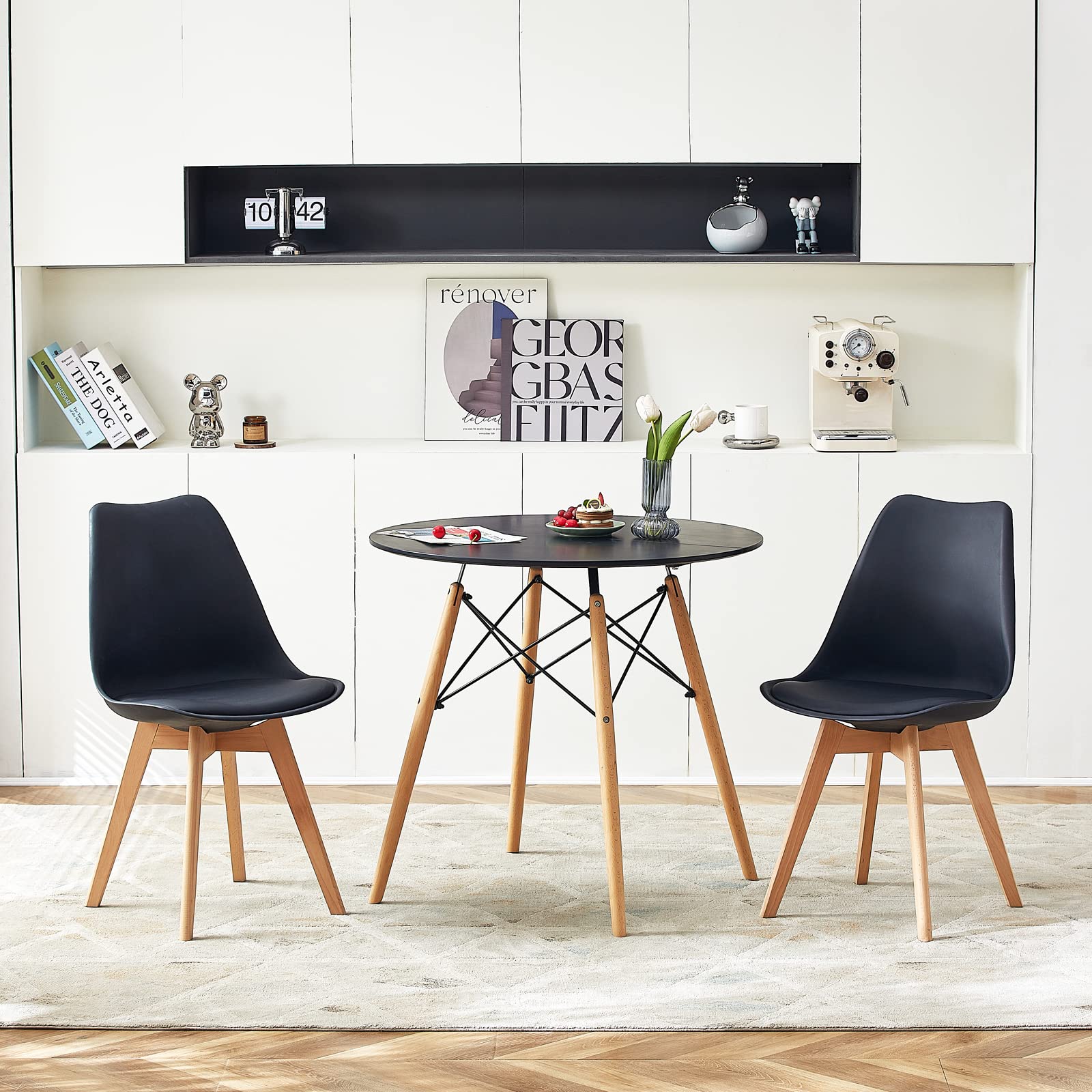 H.J WeDoo Estilo Escandinavo Mesa de Comedor Redonda,Mesa Tower Moderna y Patas de Madera de Haya, 80 * 75 cm, Negro