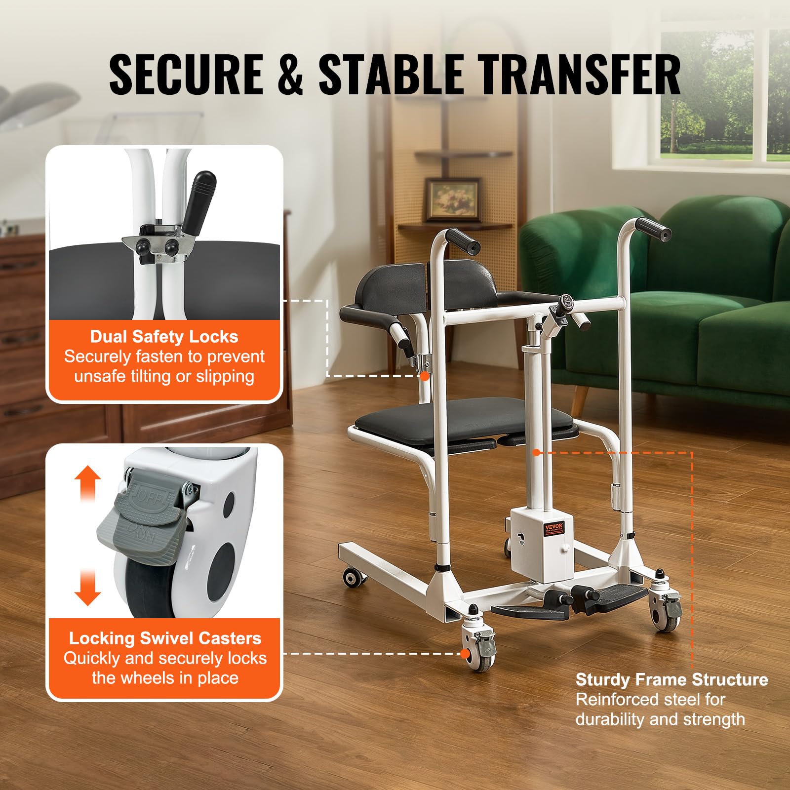 VEVOR Fauteuil Roulant Élévateur Patient, Siège Divisé 180°, Fauteuil Transfert Patients Électrique, Charge 100 kg, Bassin de Lit, Roulettes Pivotantes Verrouillables, pour Personnes Âgées Handicapées