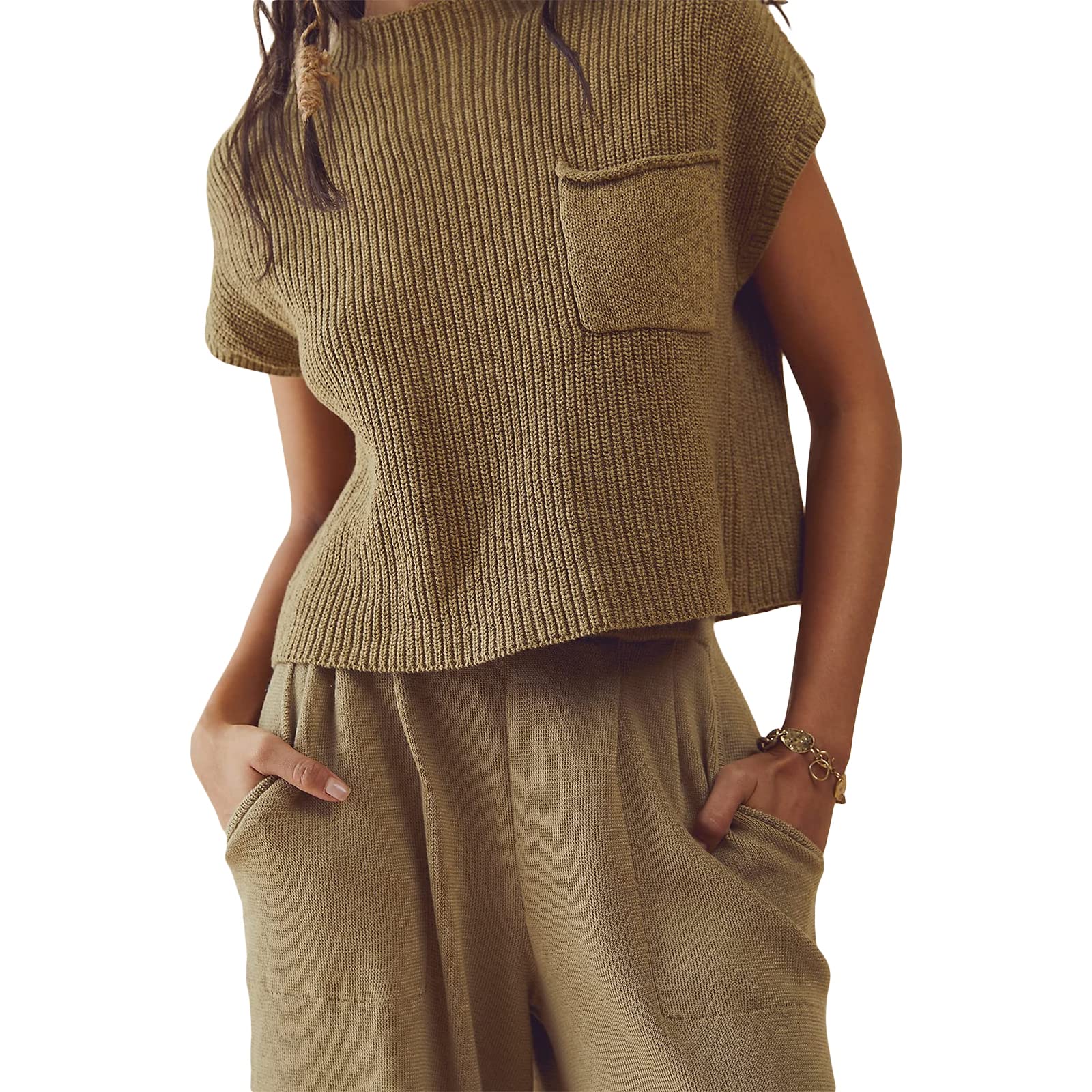 Women Summer 2 Pieces Outfits Ruched Strapless Wrap Chest Backless Tube Tops Wide-Leg Long Pants Set Sleeveless Tank Top+Flared Trousers Suit with Pockets
